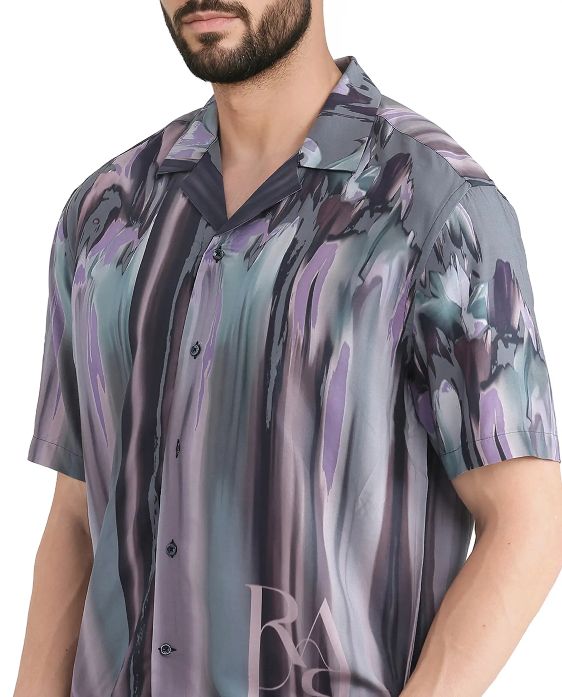 Rare Rabbit Men's Loid Black Viscose Abstract Print Boxy Fit Half Sleeve Cuban Collar Shirt - Image 3