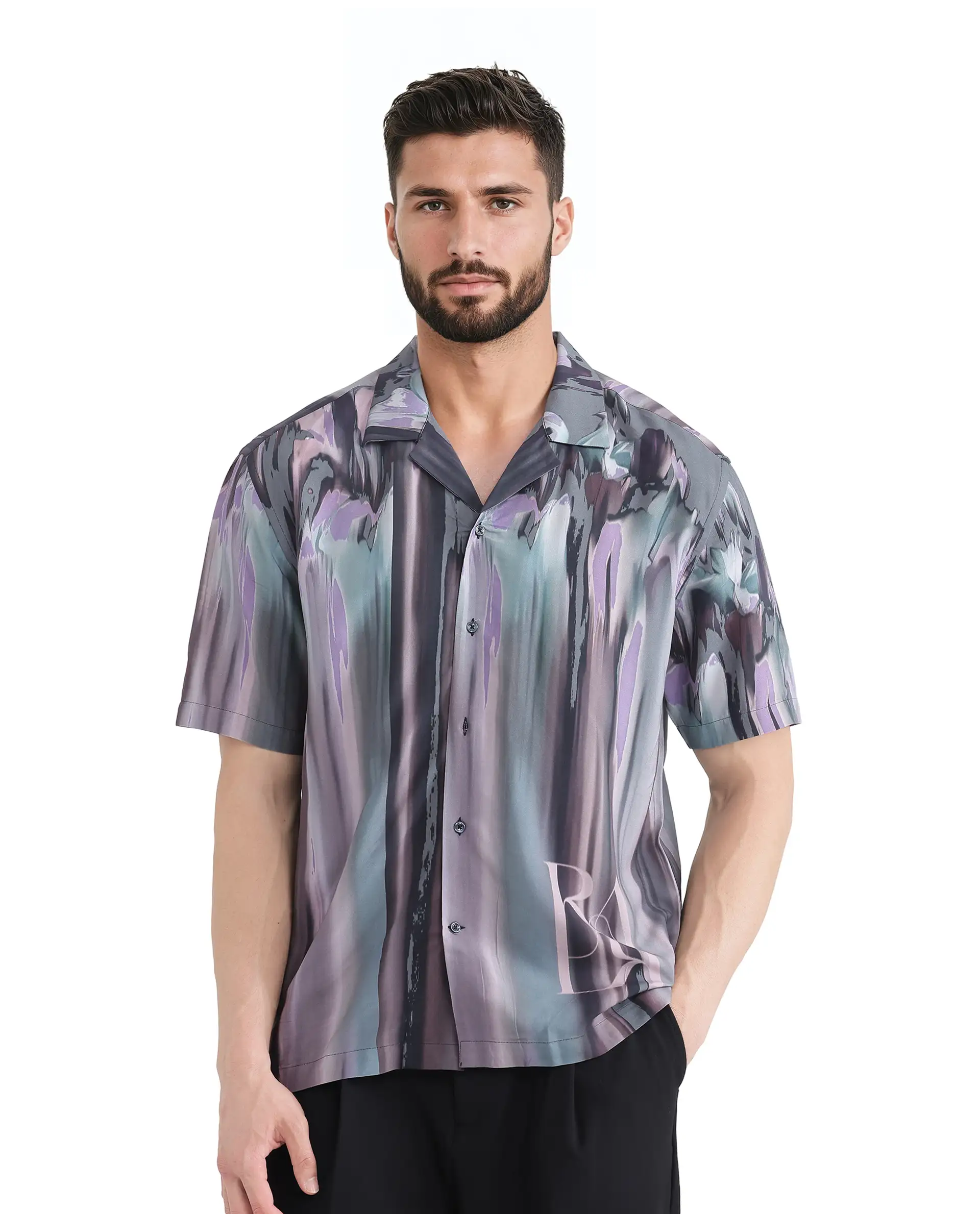 Rare Rabbit Men's Loid Black Viscose Abstract Print Boxy Fit Half Sleeve Cuban Collar Shirt - Image 6