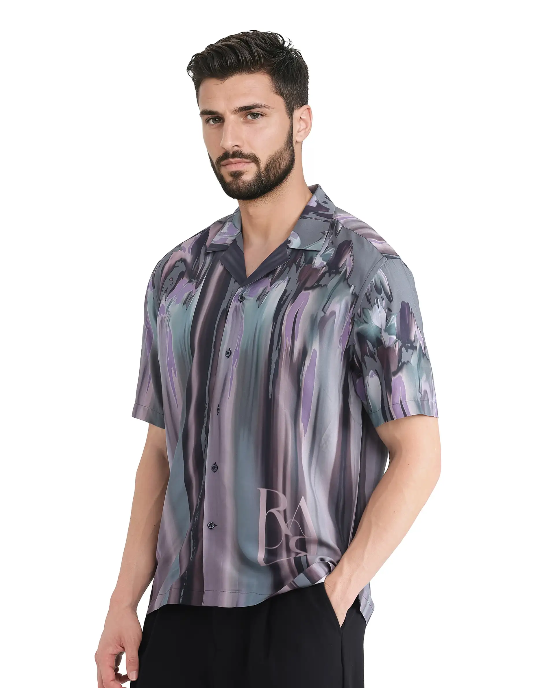 Rare Rabbit Men's Loid Black Viscose Abstract Print Boxy Fit Half Sleeve Cuban Collar Shirt - Image 7