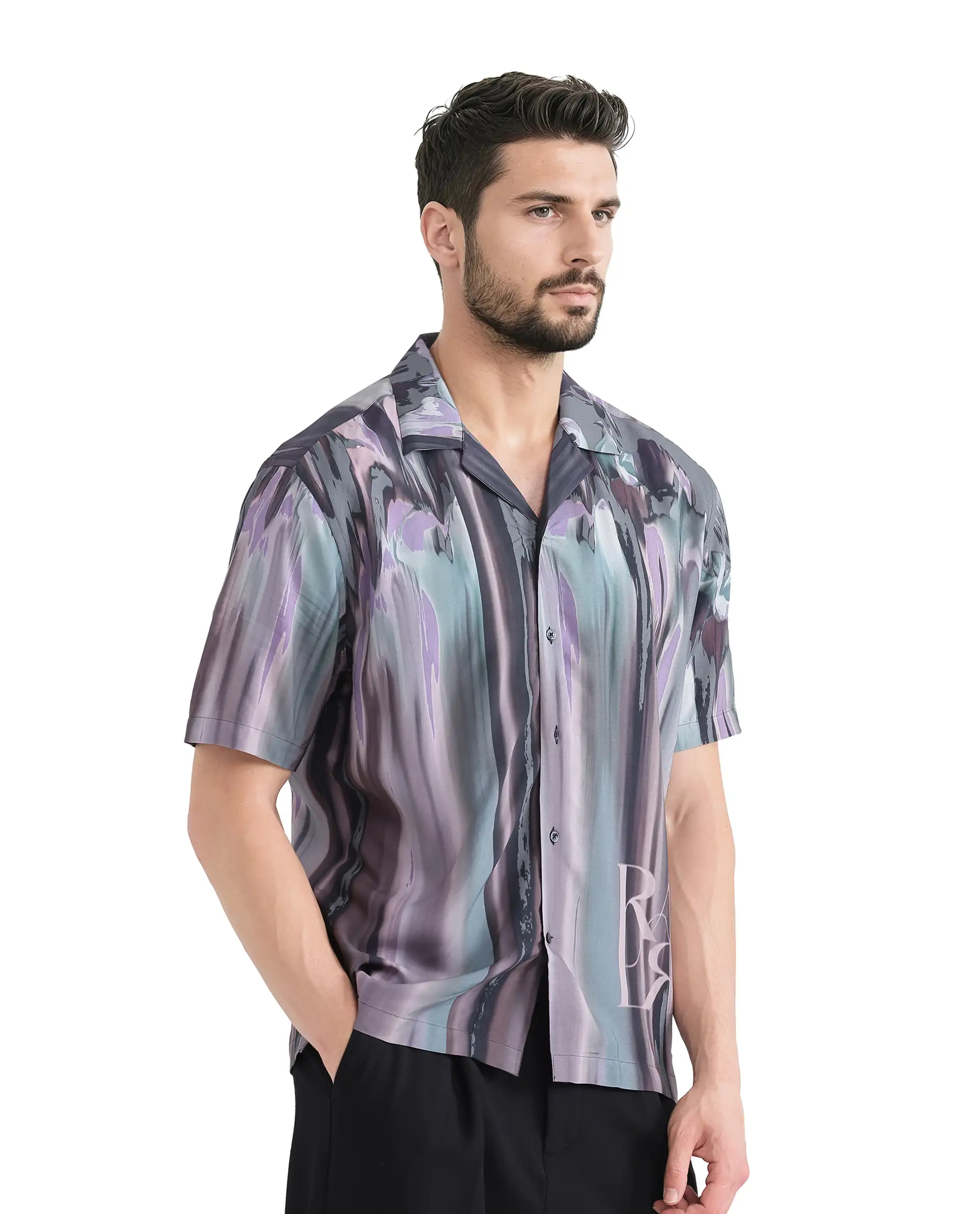 Rare Rabbit Men's Loid Black Viscose Abstract Print Boxy Fit Half Sleeve Cuban Collar Shirt - Image 8