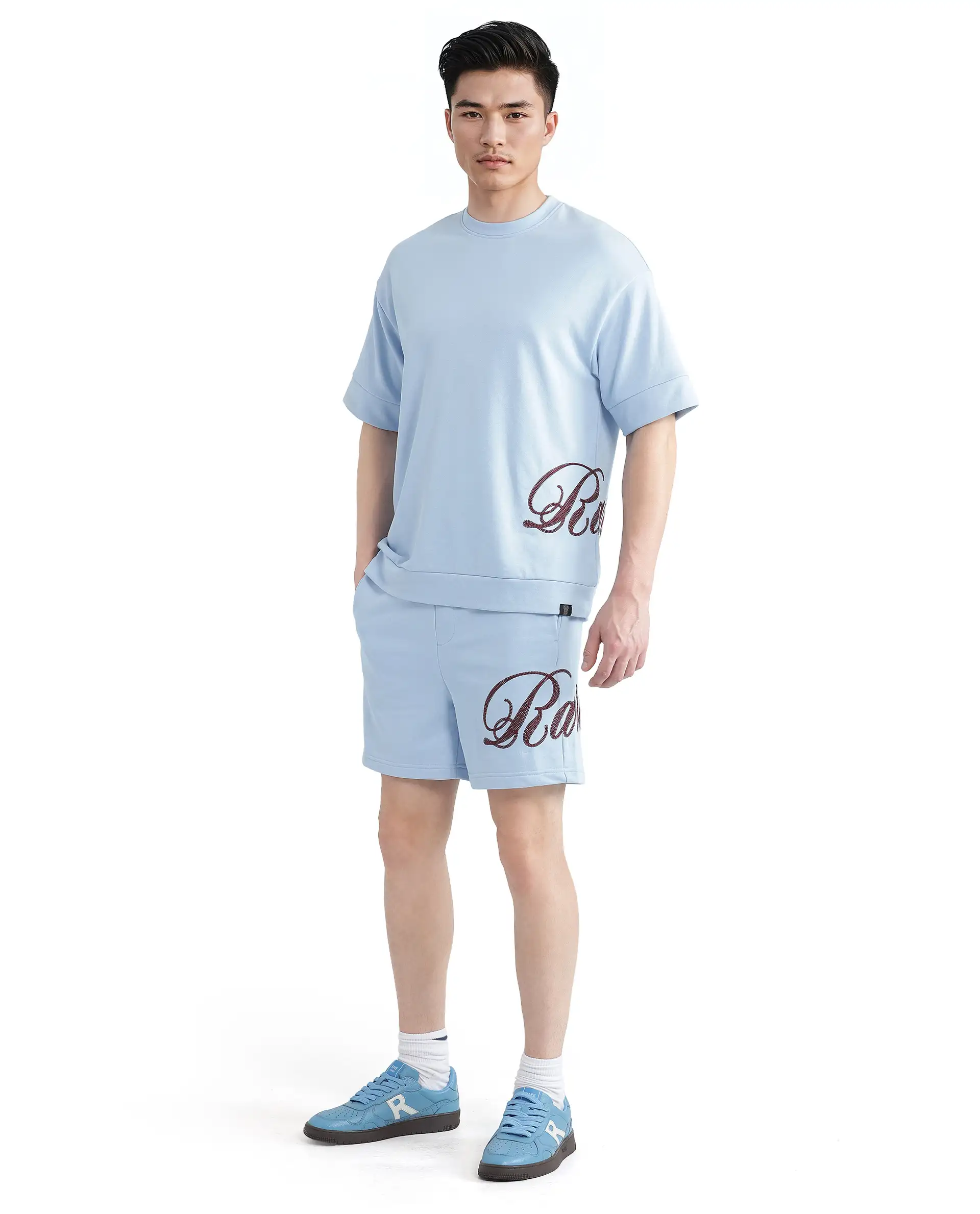 Rare Rabbit Men's Loit Light Blue Cotton Blend Embroidered Oversized Fit Half Sleeve Crew Neck T-Shirt - Image 2