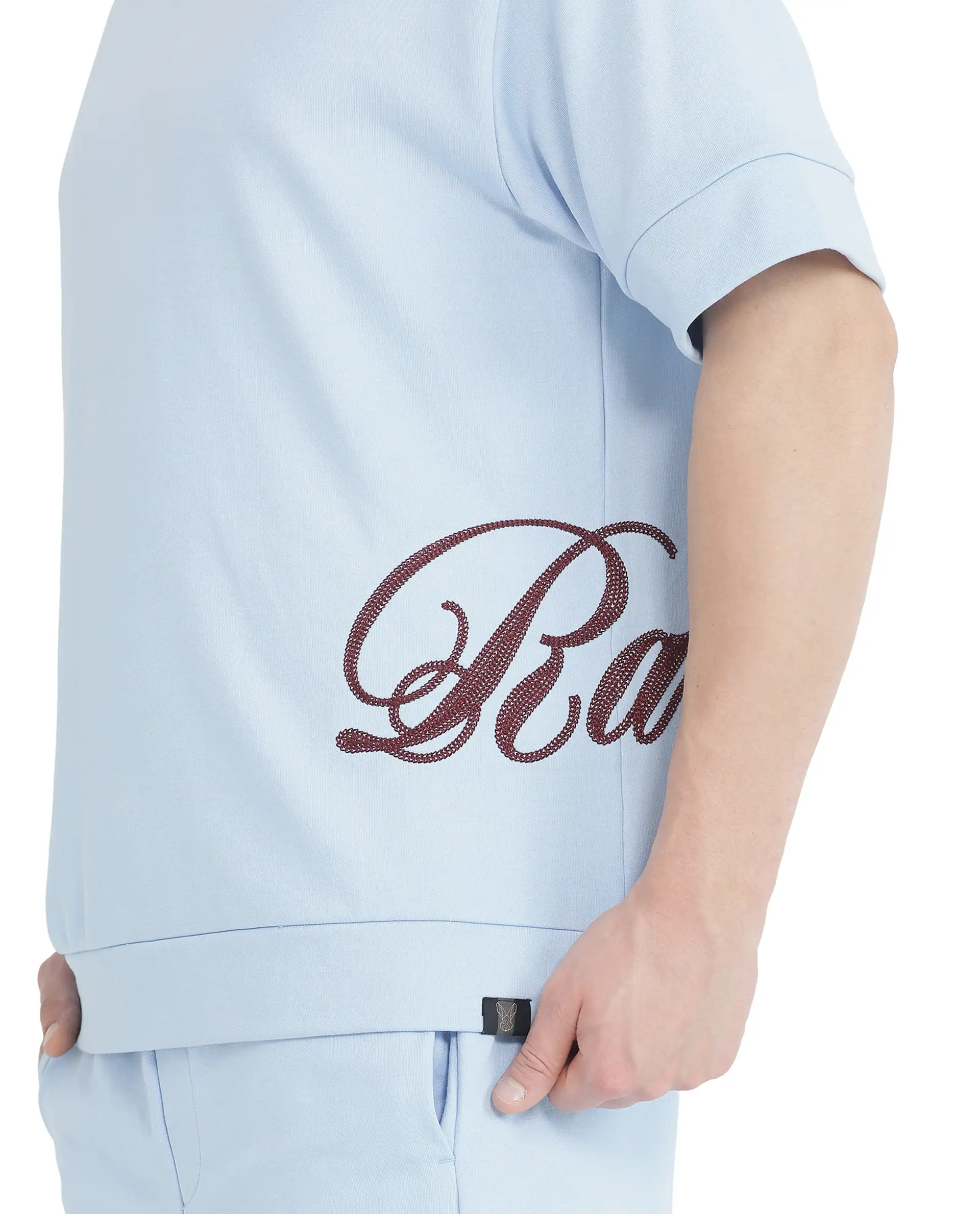 Rare Rabbit Men's Loit Light Blue Cotton Blend Embroidered Oversized Fit Half Sleeve Crew Neck T-Shirt - Image 3