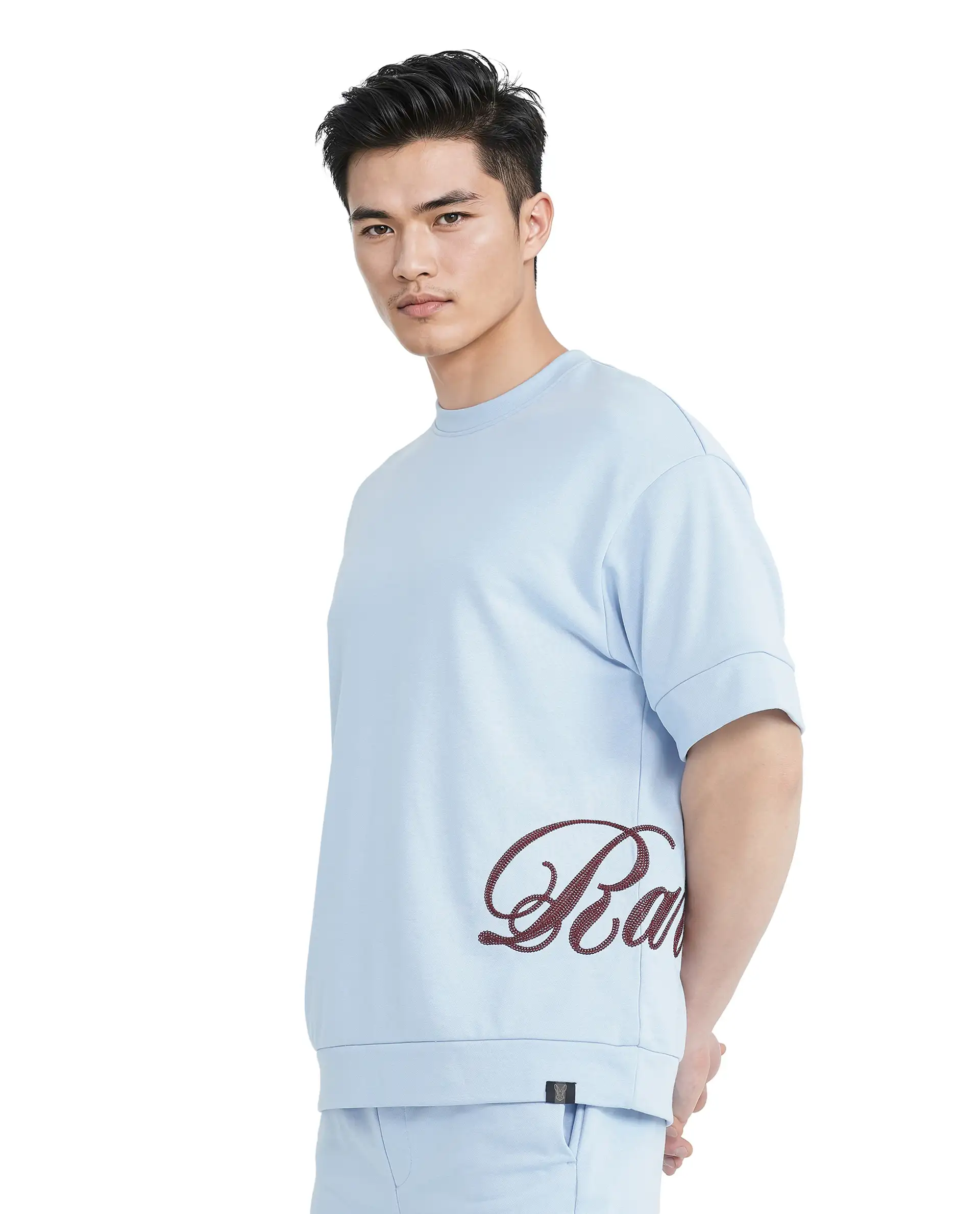 Rare Rabbit Men's Loit Light Blue Cotton Blend Embroidered Oversized Fit Half Sleeve Crew Neck T-Shirt - Image 4