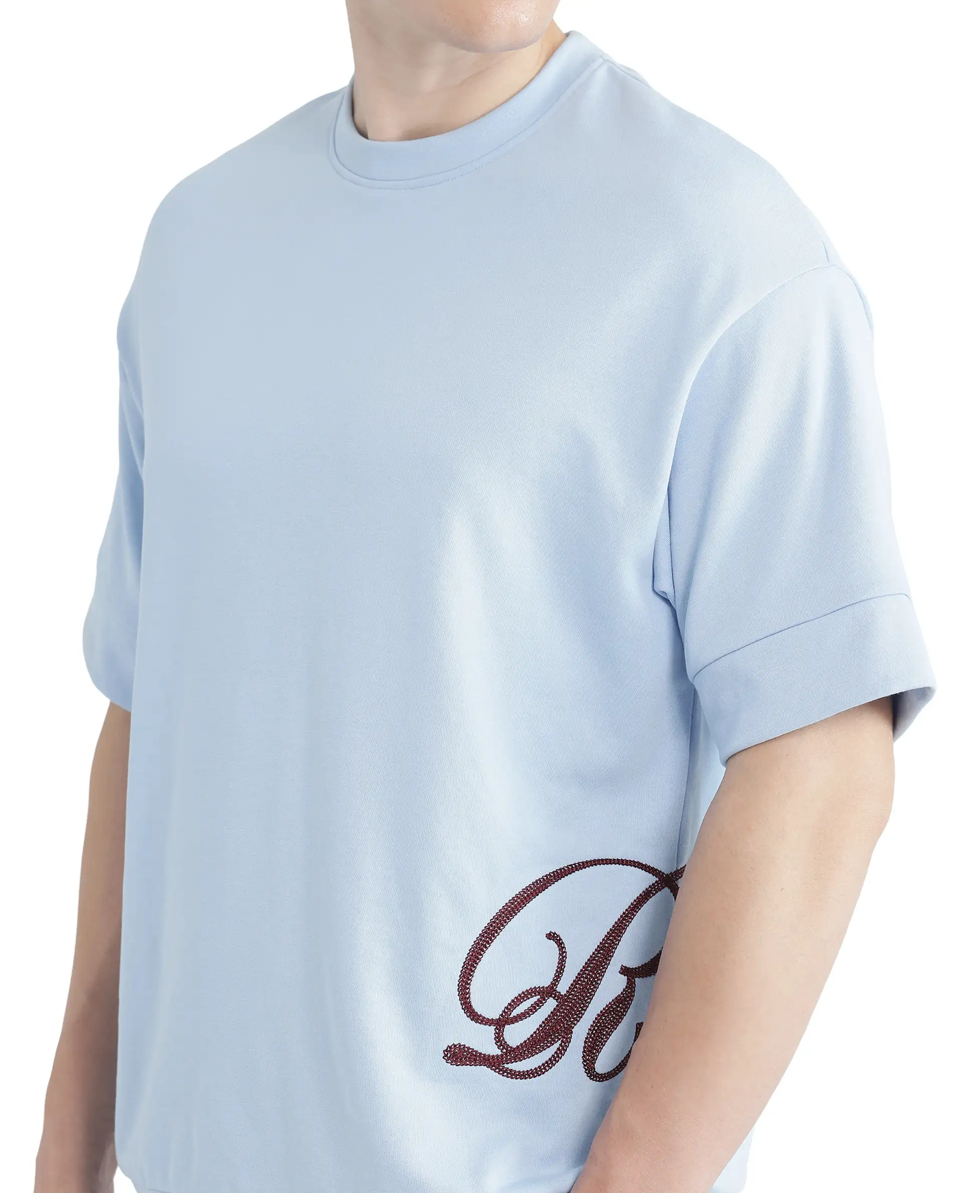 Rare Rabbit Men's Loit Light Blue Cotton Blend Embroidered Oversized Fit Half Sleeve Crew Neck T-Shirt - Image 5