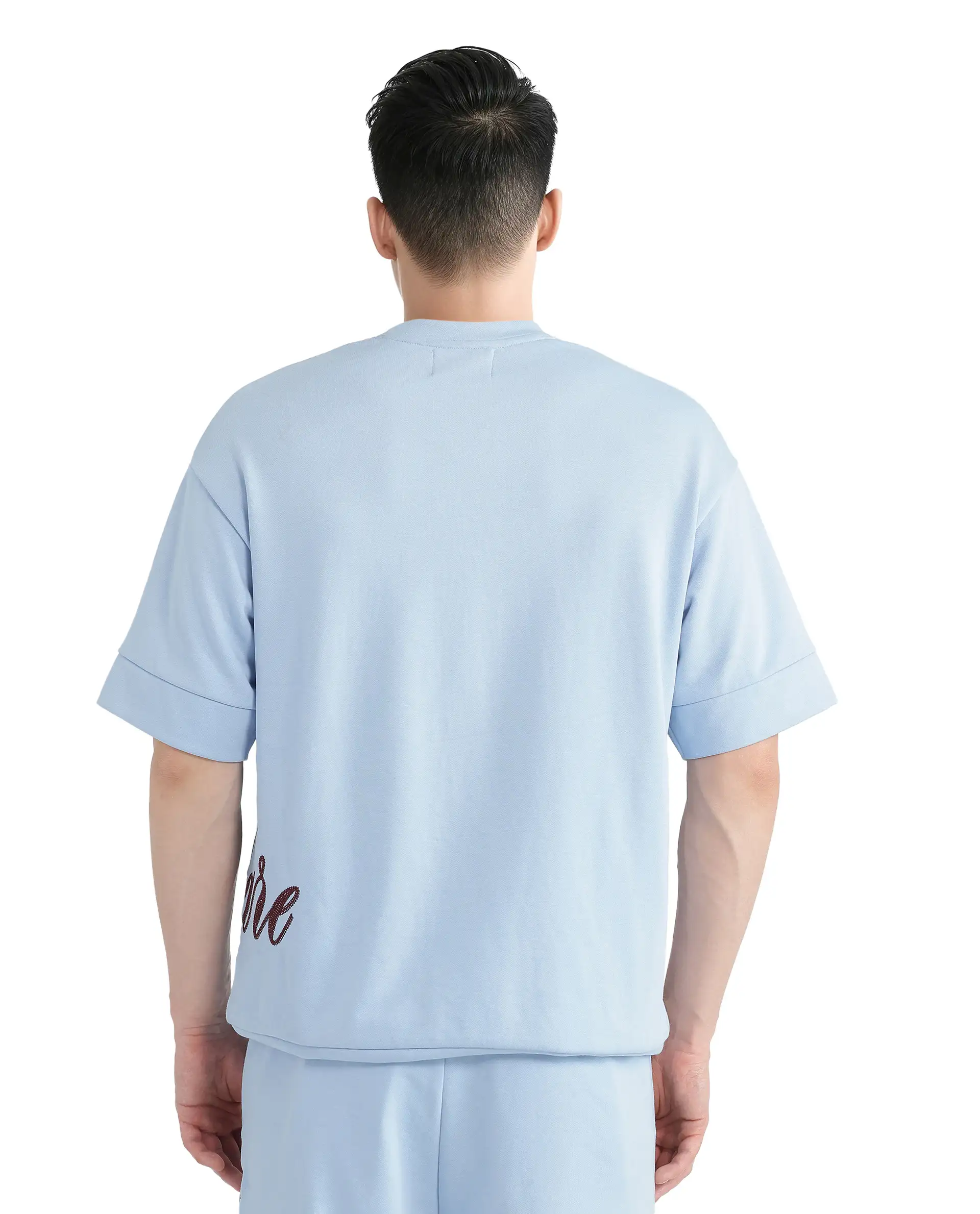 Rare Rabbit Men's Loit Light Blue Cotton Blend Embroidered Oversized Fit Half Sleeve Crew Neck T-Shirt - Image 6