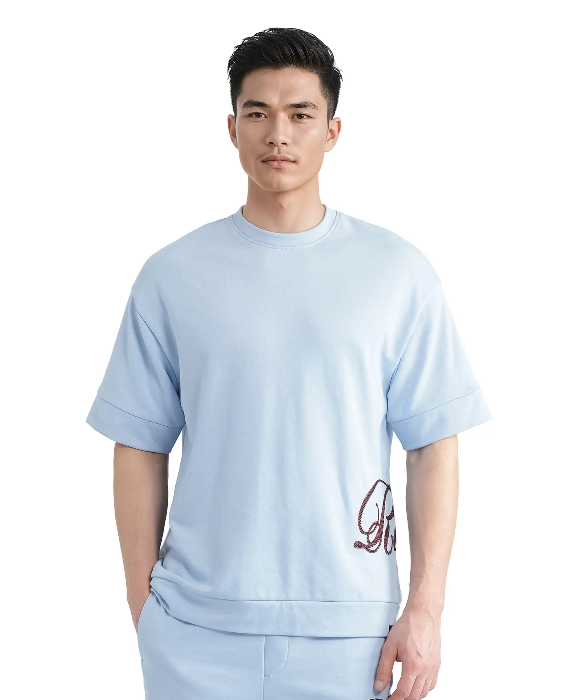 Rare Rabbit Men's Loit Light Blue Cotton Blend Embroidered Oversized Fit Half Sleeve Crew Neck T-Shirt - Image 8