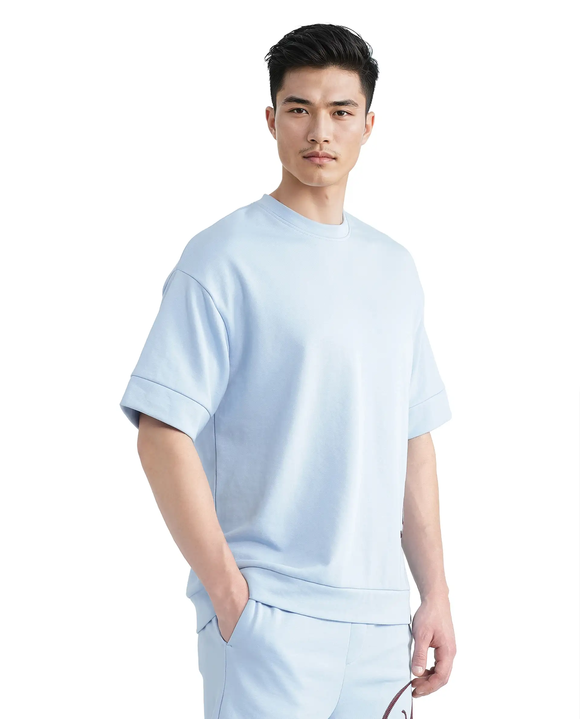 Rare Rabbit Men's Loit Light Blue Cotton Blend Embroidered Oversized Fit Half Sleeve Crew Neck T-Shirt - Image 9