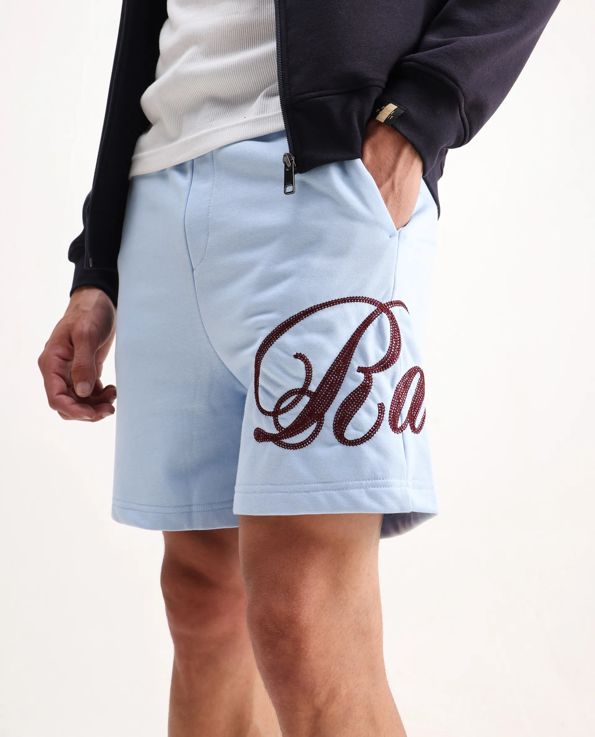 Rare Rabbit Men's Loito Light Blue Cotton Blend Embroidered Regular Fit Shorts - Image 2