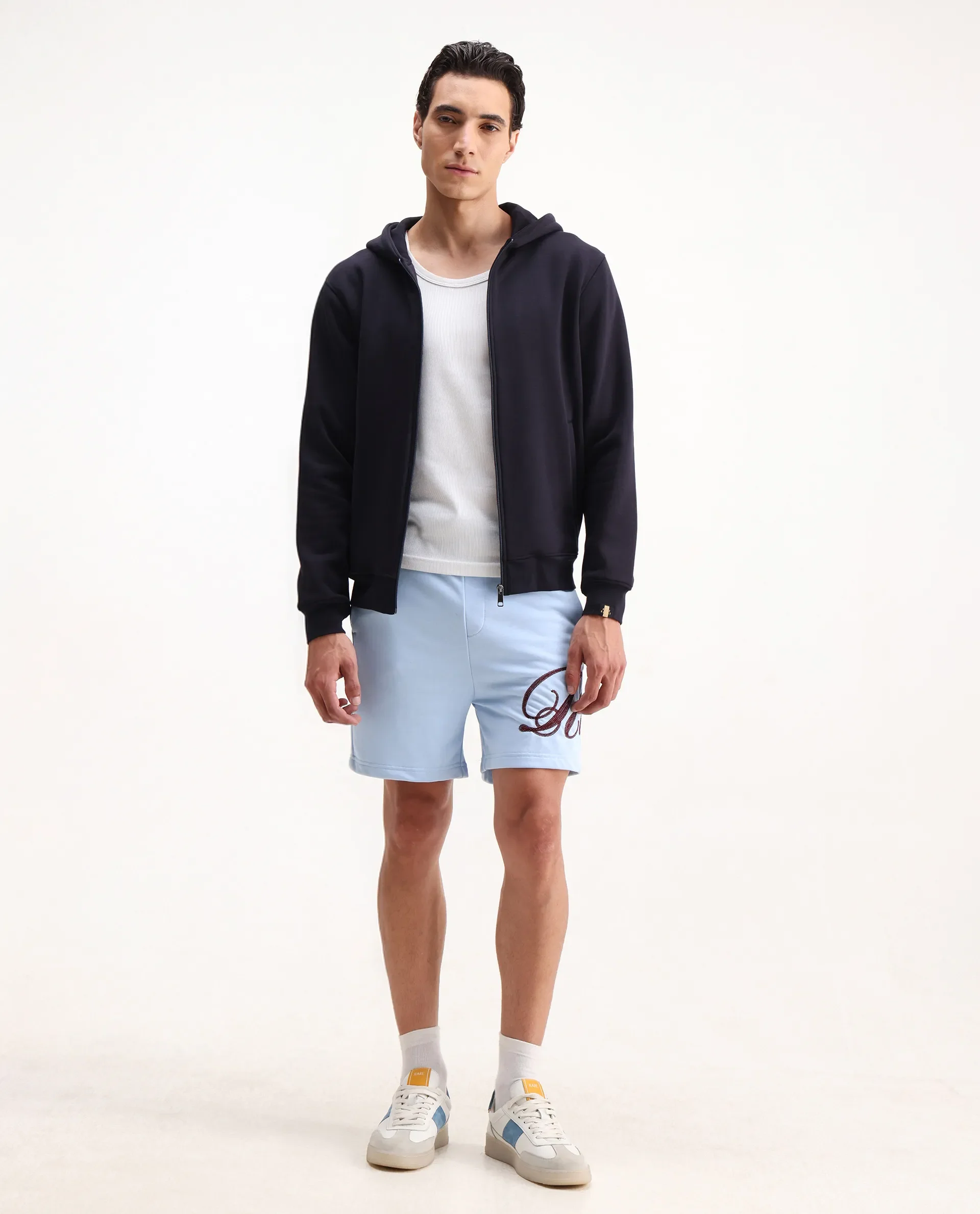 Rare Rabbit Men's Loito Light Blue Cotton Blend Embroidered Regular Fit Shorts - Image 4