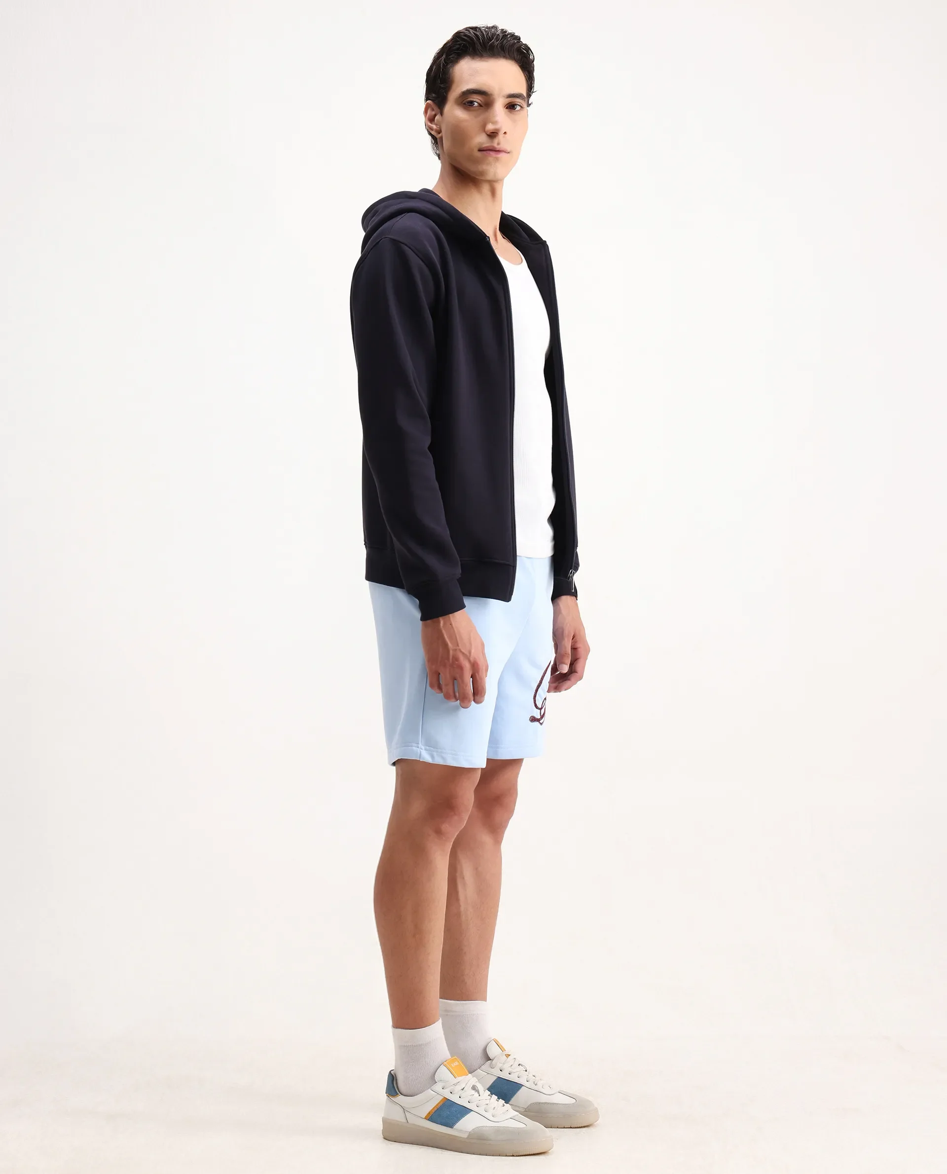 Rare Rabbit Men's Loito Light Blue Cotton Blend Embroidered Regular Fit Shorts - Image 5