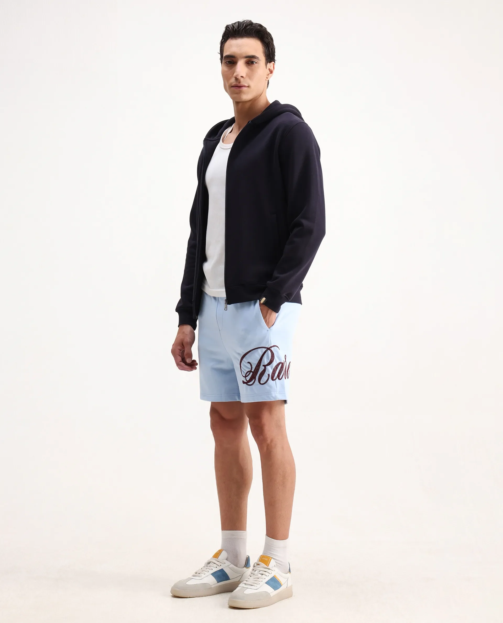 Rare Rabbit Men's Loito Light Blue Cotton Blend Embroidered Regular Fit Shorts - Image 7
