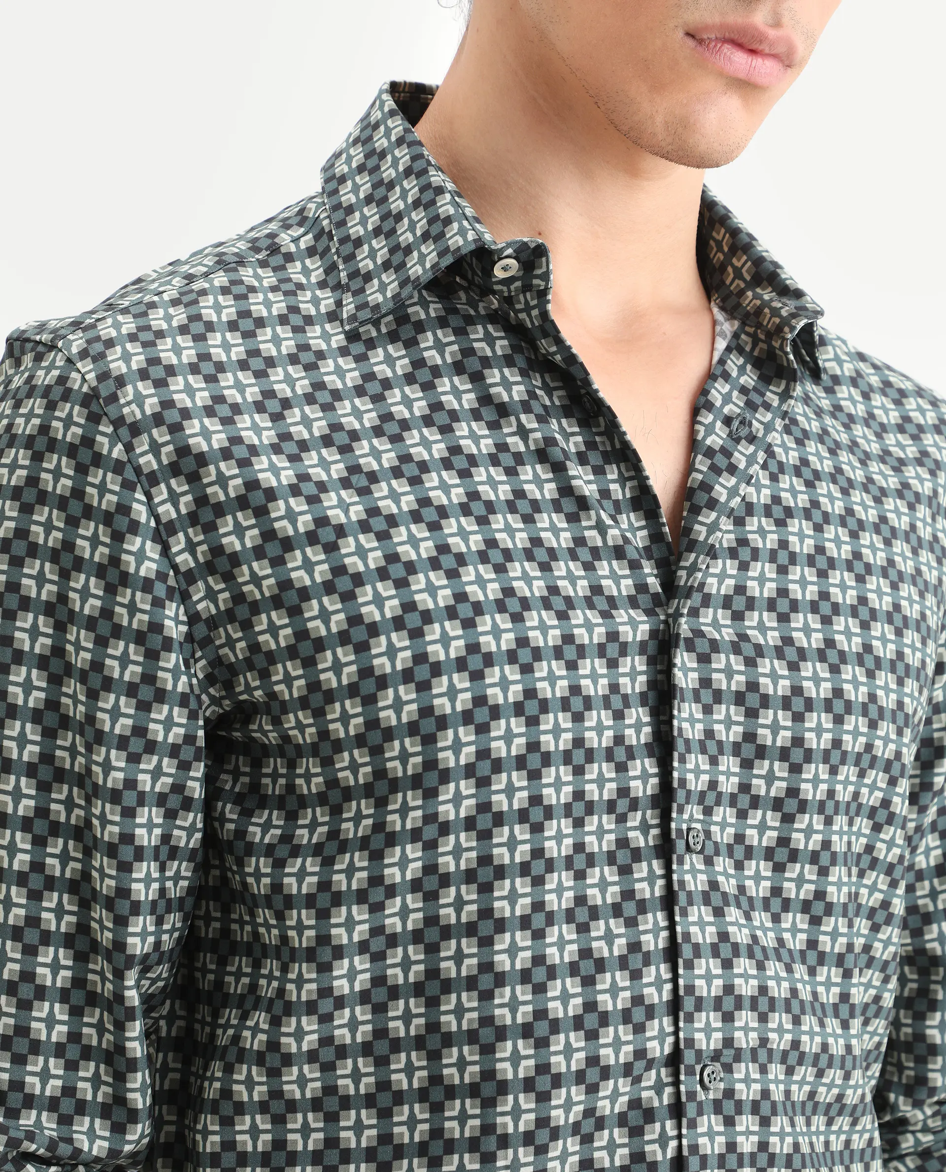 Rare Rabbit Men's Lojo L Dusky Green Viscose Fabric Full Sleeve Spread Collar Regular Fit Geometric Print Shirt - Image 3