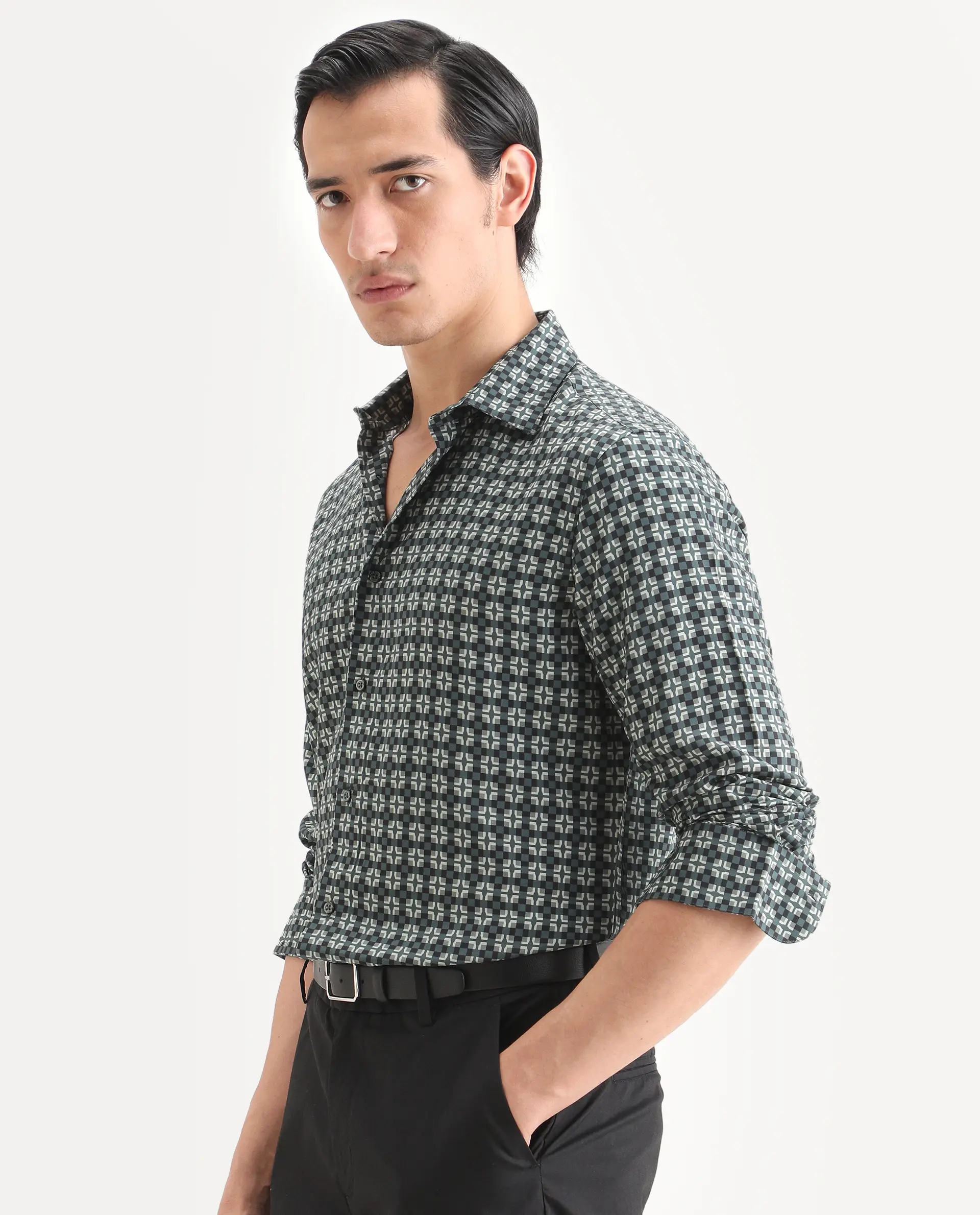 Rare Rabbit Men's Lojo L Dusky Green Viscose Fabric Full Sleeve Spread Collar Regular Fit Geometric Print Shirt - Image 4