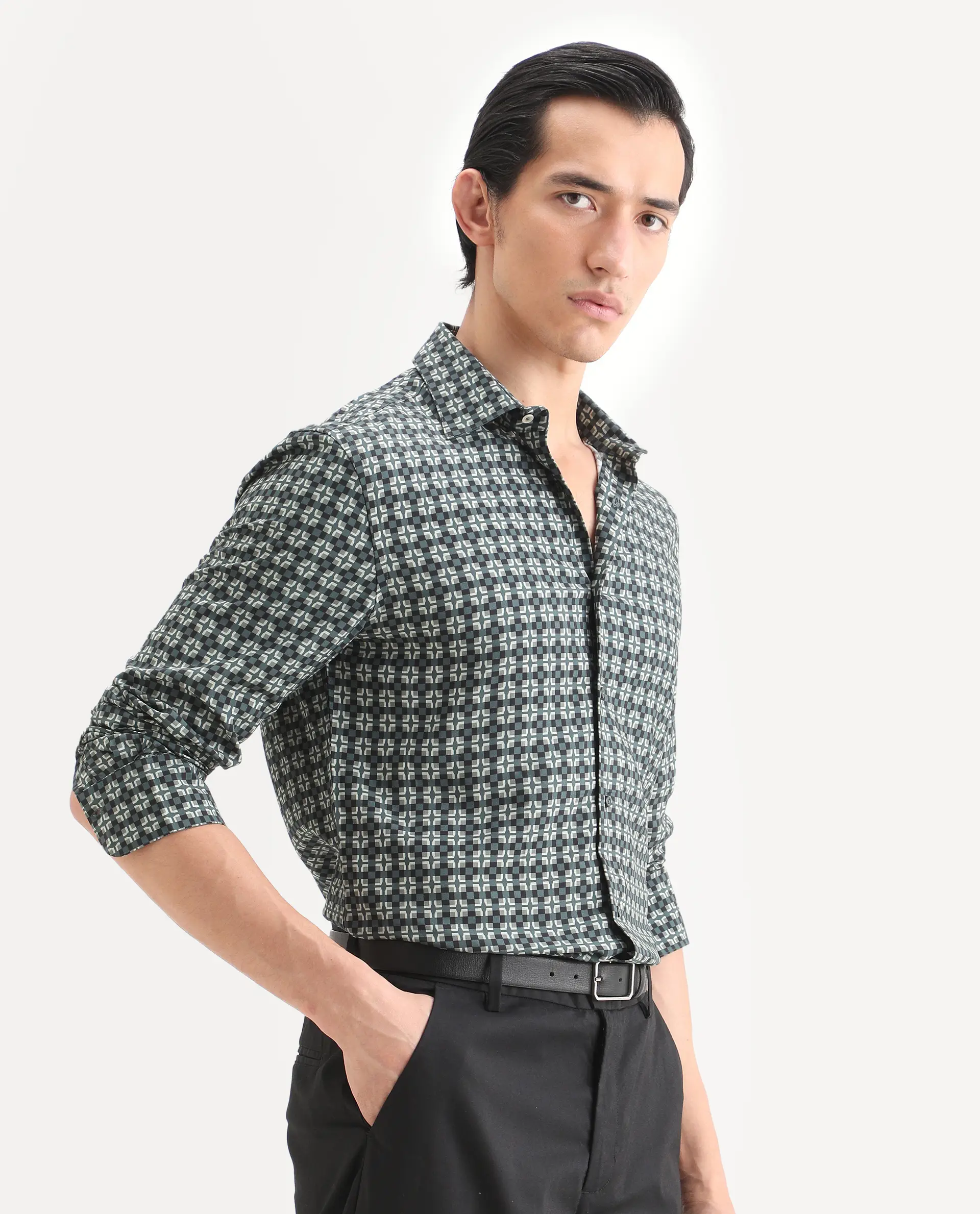 Rare Rabbit Men's Lojo L Dusky Green Viscose Fabric Full Sleeve Spread Collar Regular Fit Geometric Print Shirt - Image 5