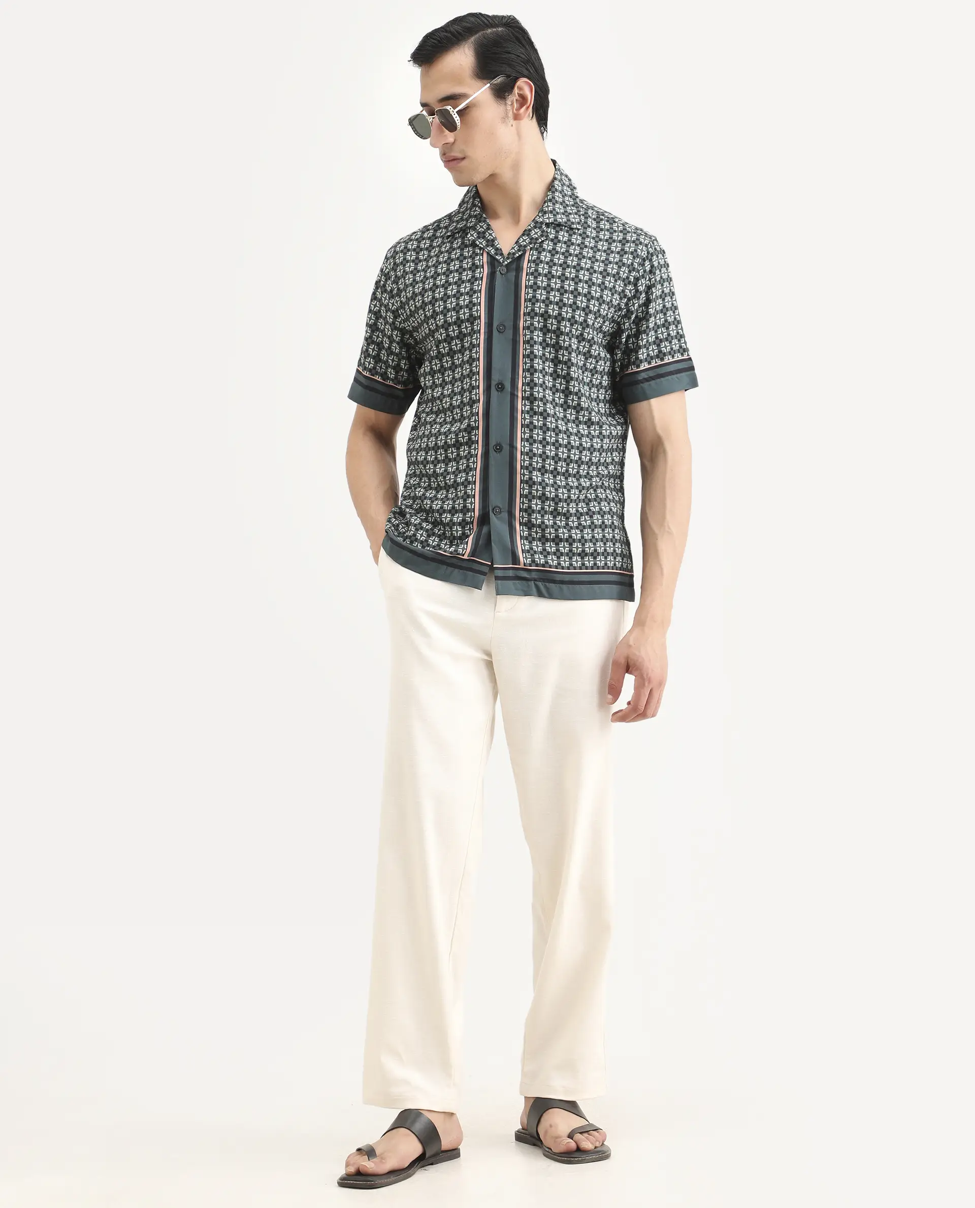Rare Rabbit Men's Lojo-Ss Dusky Green Viscose Fabric Half Sleeve Cuban Collar Regular Fit Geometric Print Shirt - Image 2