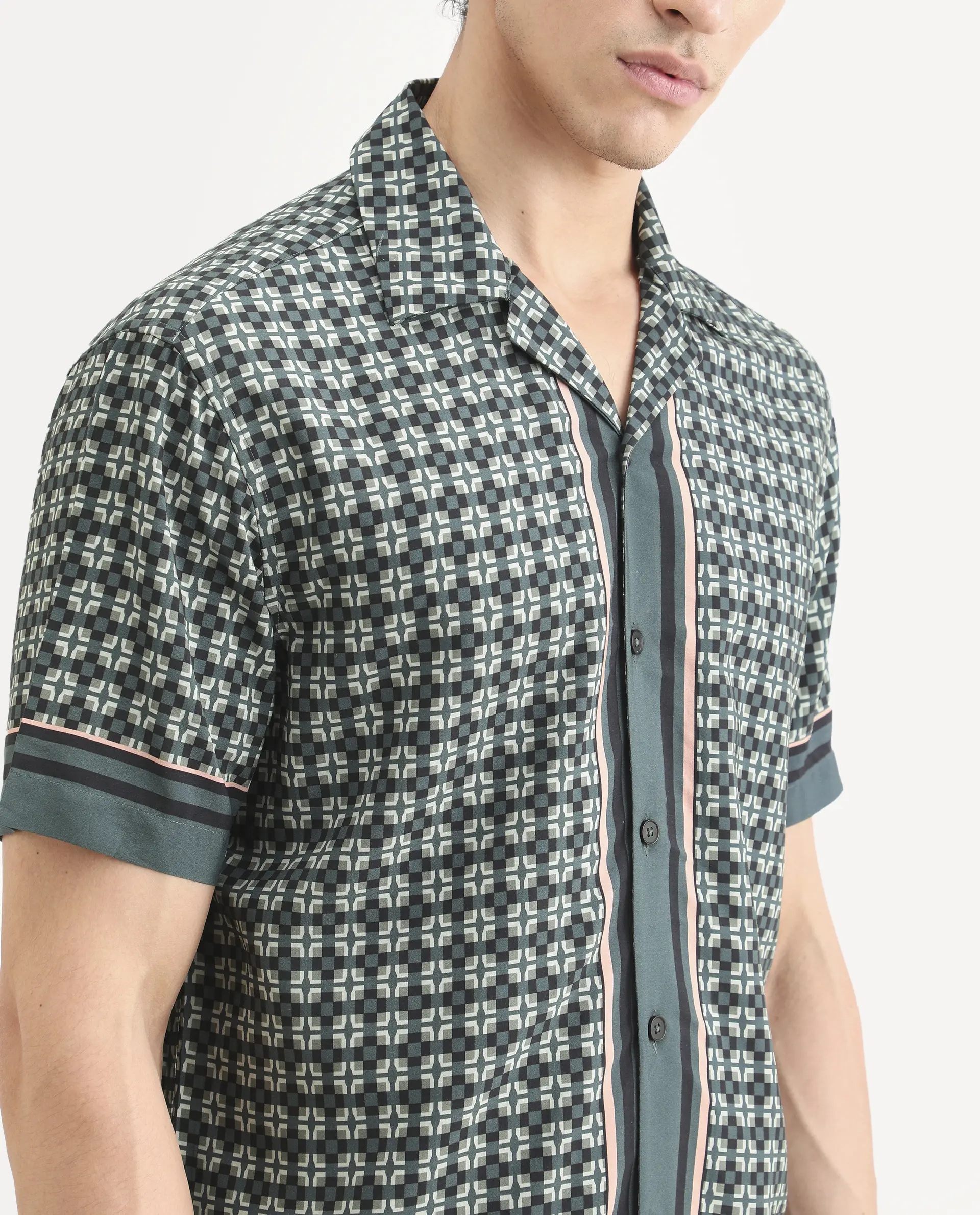 Rare Rabbit Men's Lojo-Ss Dusky Green Viscose Fabric Half Sleeve Cuban Collar Regular Fit Geometric Print Shirt - Image 3
