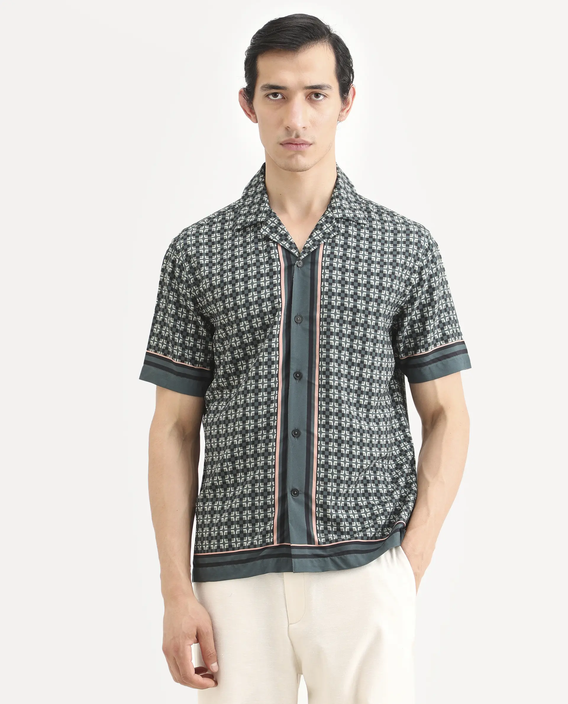 Rare Rabbit Men's Lojo-Ss Dusky Green Viscose Fabric Half Sleeve Cuban Collar Regular Fit Geometric Print Shirt - Image 4
