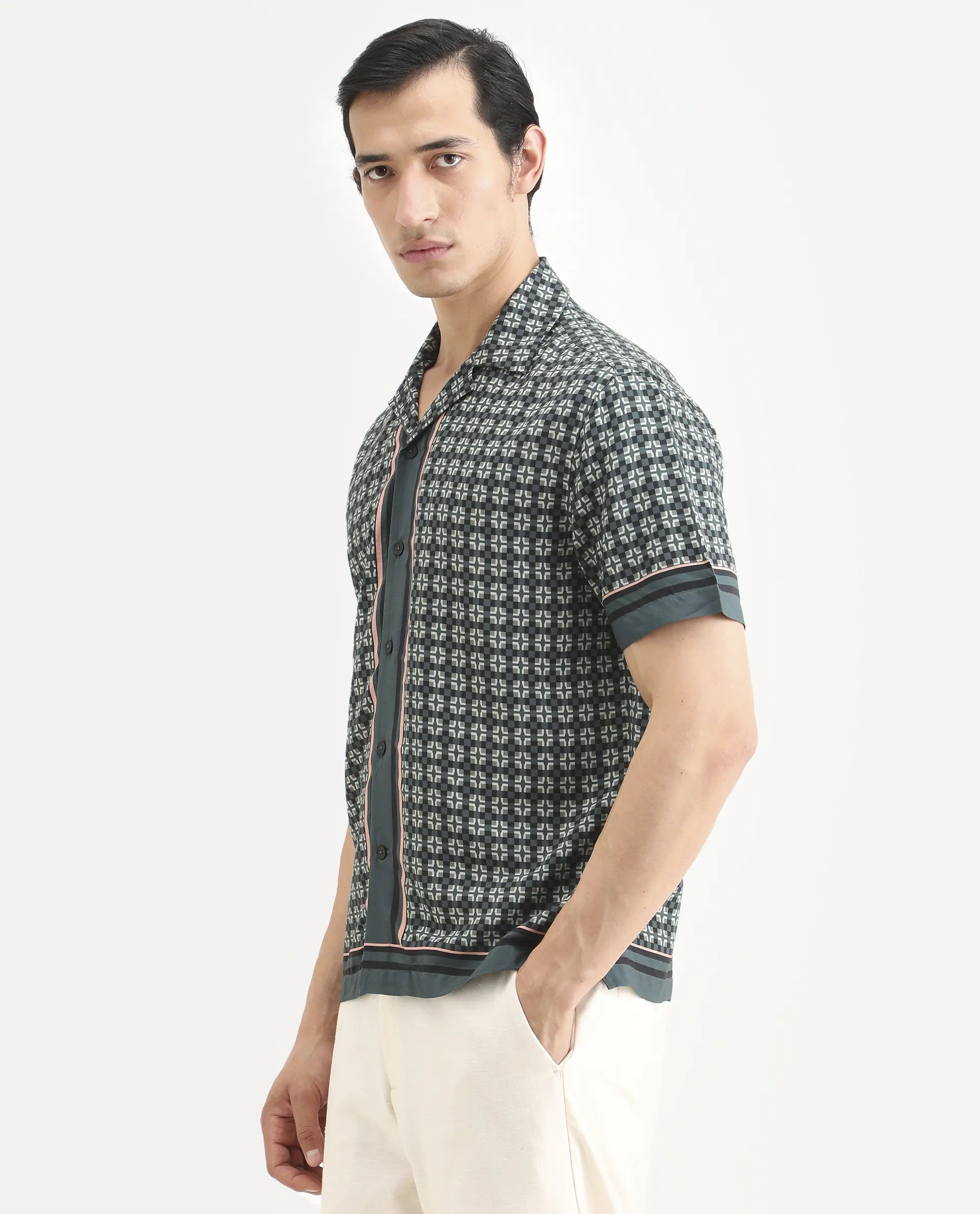 Rare Rabbit Men's Lojo-Ss Dusky Green Viscose Fabric Half Sleeve Cuban Collar Regular Fit Geometric Print Shirt - Image 5