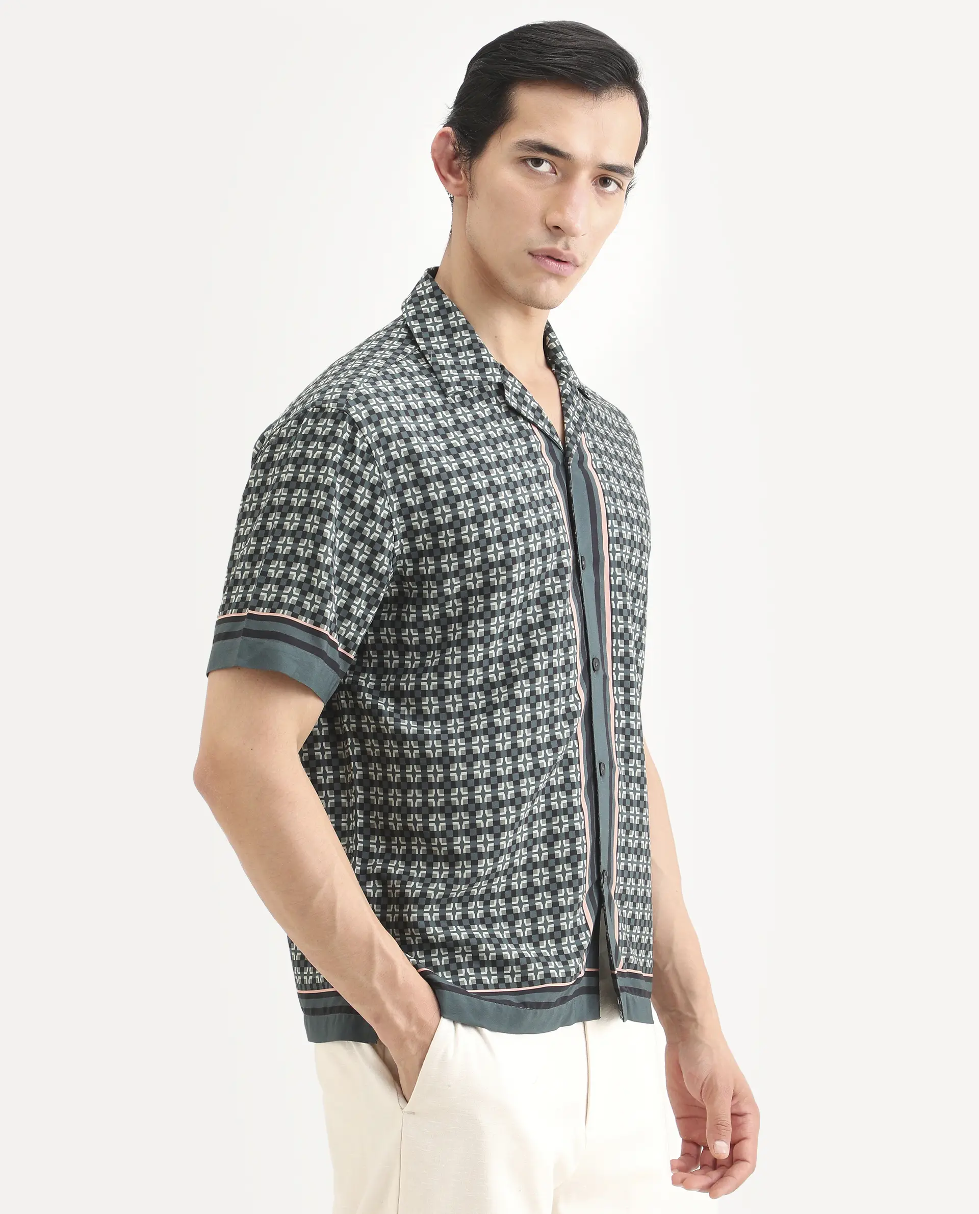 Rare Rabbit Men's Lojo-Ss Dusky Green Viscose Fabric Half Sleeve Cuban Collar Regular Fit Geometric Print Shirt - Image 6