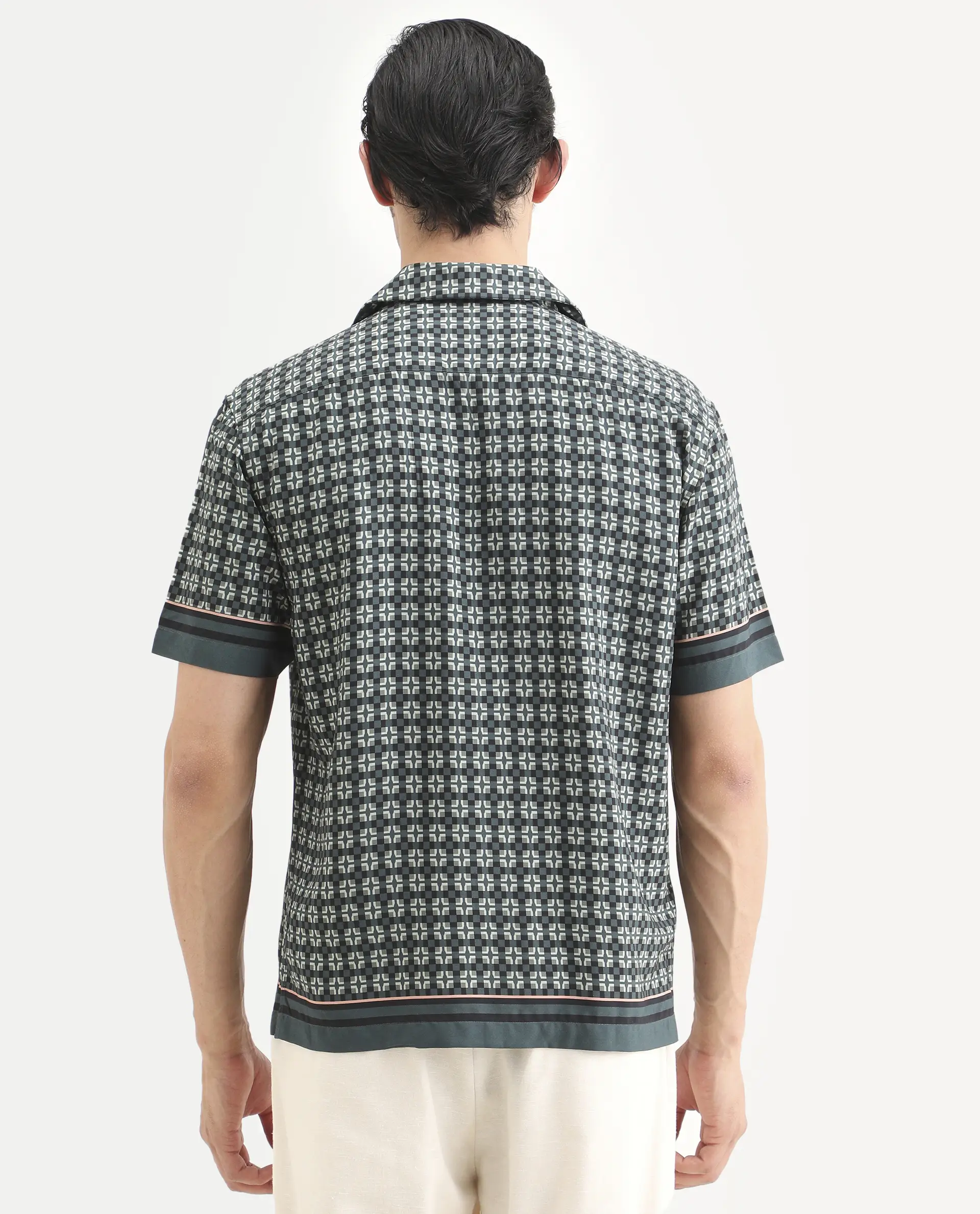 Rare Rabbit Men's Lojo-Ss Dusky Green Viscose Fabric Half Sleeve Cuban Collar Regular Fit Geometric Print Shirt - Image 7