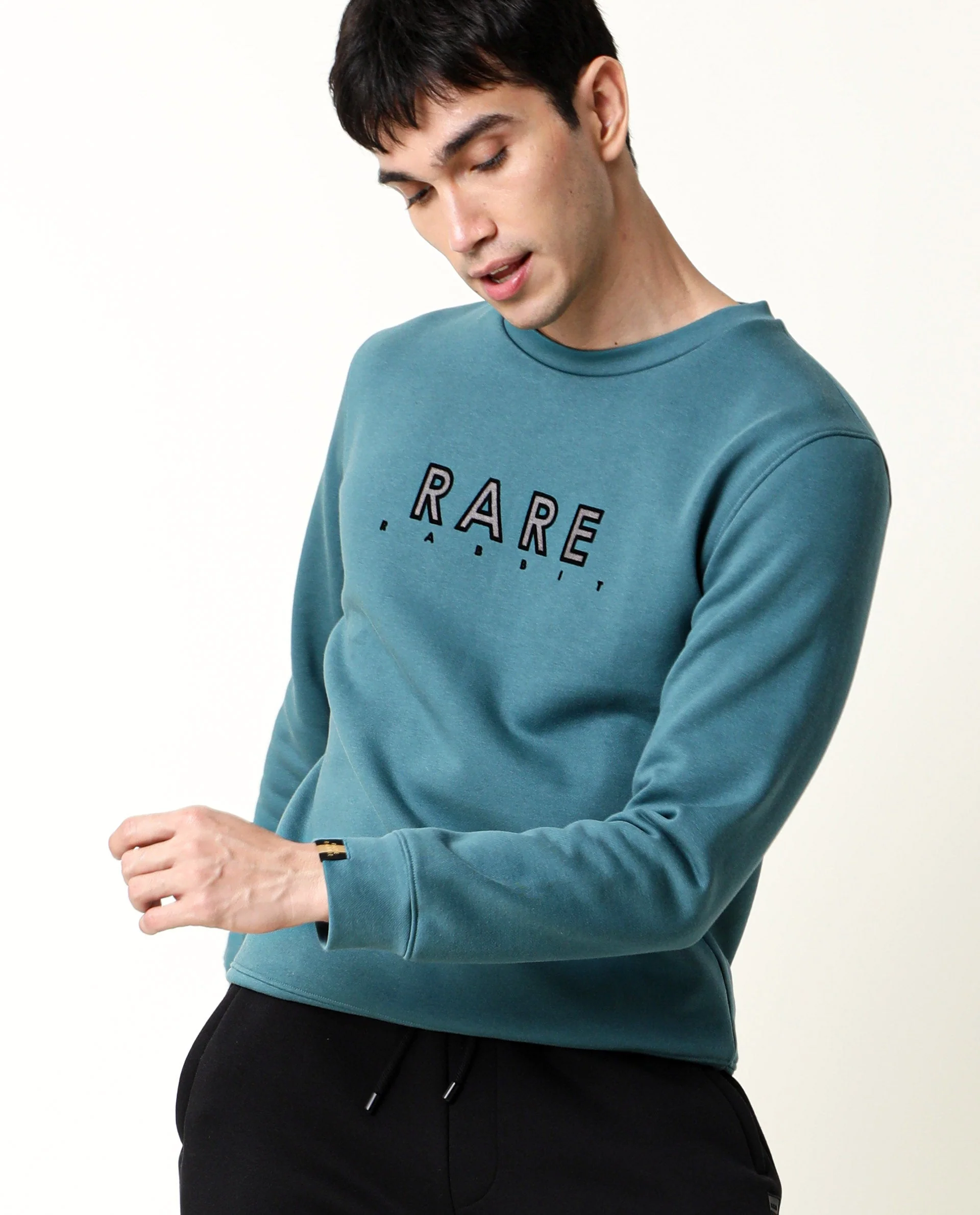 Rare Rabbit Men's Loki Petrol Cotton Graphic Print Slim Fit Full Sleeve Crew Neck Sweatshirt - Image 3