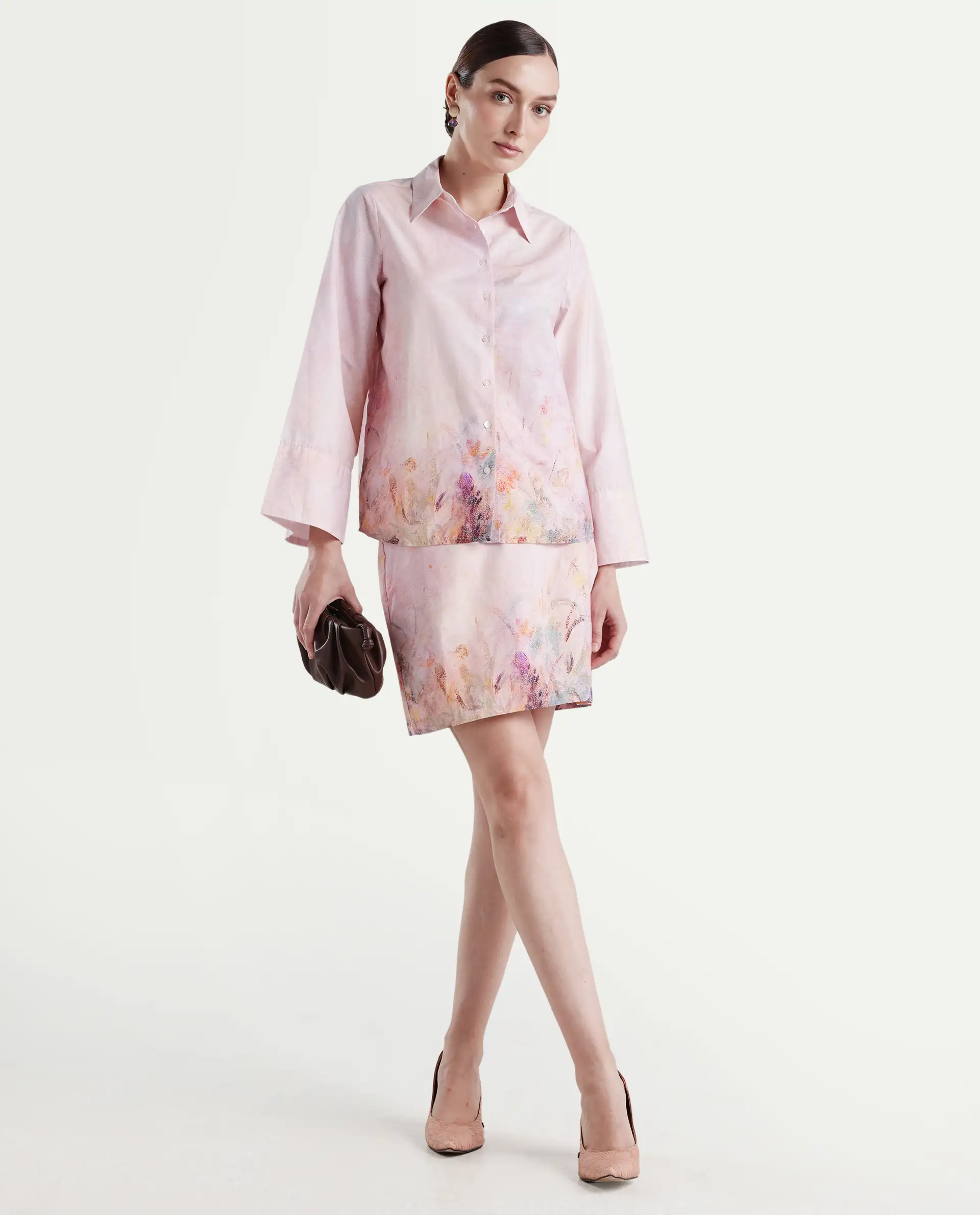 Rareism Women's Loko Pink Cotton Spread Collar Floral Print Bell Sleeve Regular Fit Top - Image 2