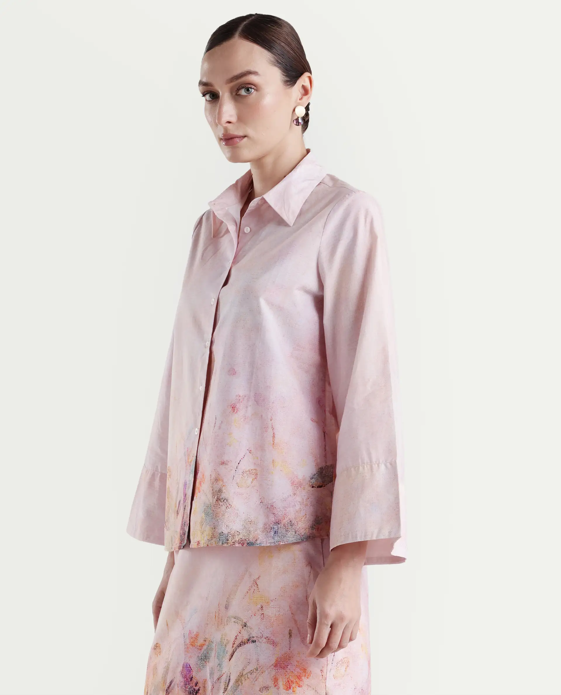 Rareism Women's Loko Pink Cotton Spread Collar Floral Print Bell Sleeve Regular Fit Top - Image 5