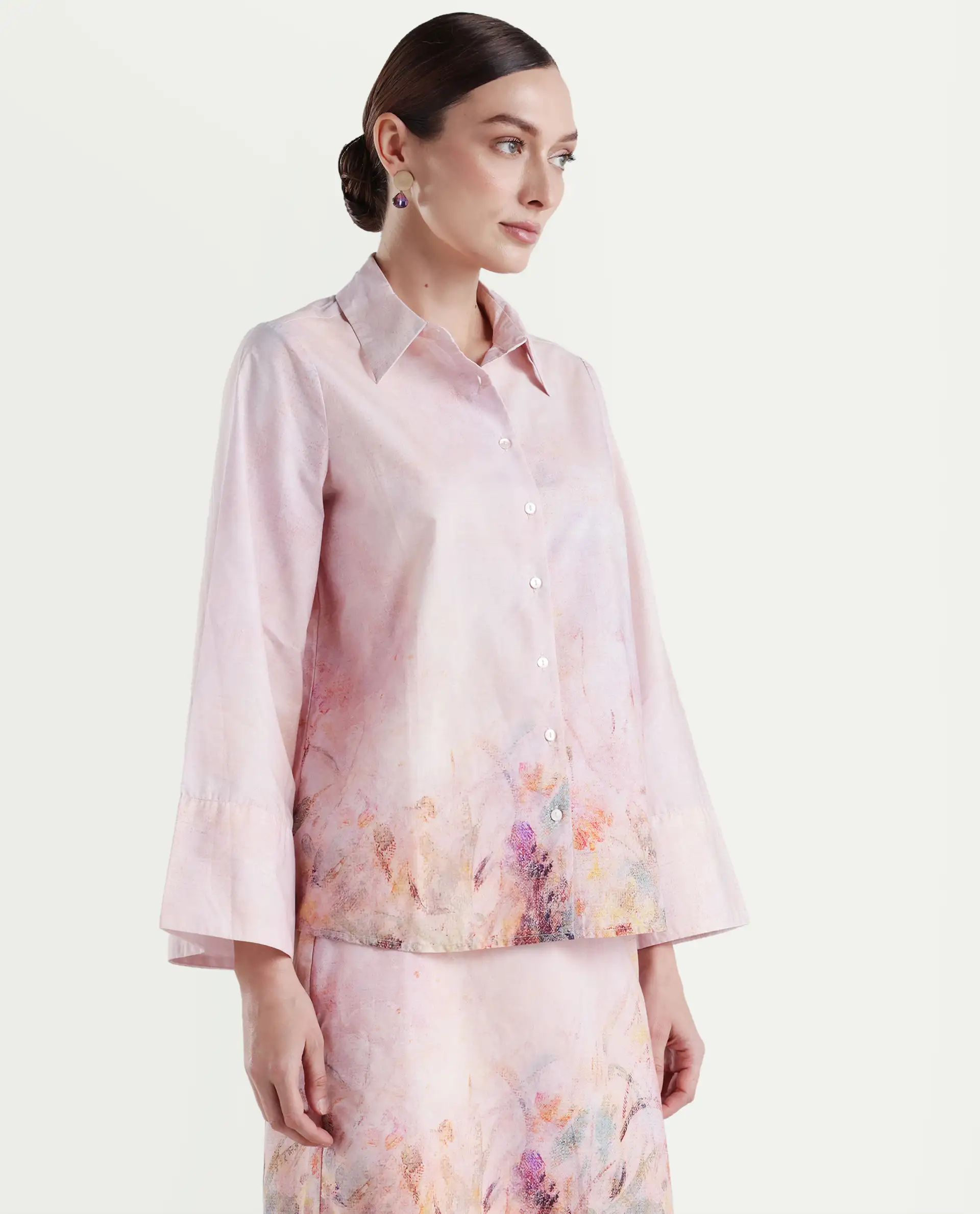 Rareism Women's Loko Pink Cotton Spread Collar Floral Print Bell Sleeve Regular Fit Top - Image 6