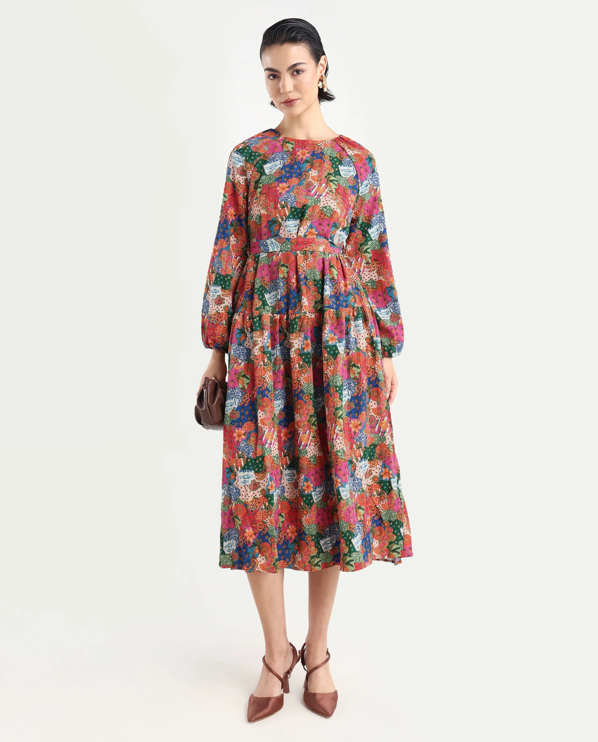 Rareism Women's Lokop Multi Polyester Blend Round Neck Abstract Print Raglan Sleeve Midi Fit And Flare Dress - Image 2