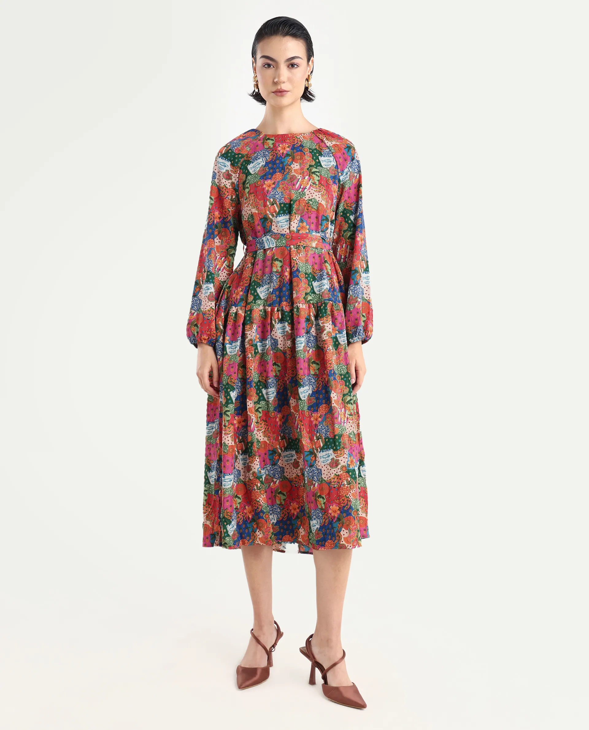 Rareism Women's Lokop Multi Polyester Blend Round Neck Abstract Print Raglan Sleeve Midi Fit And Flare Dress - Image 3