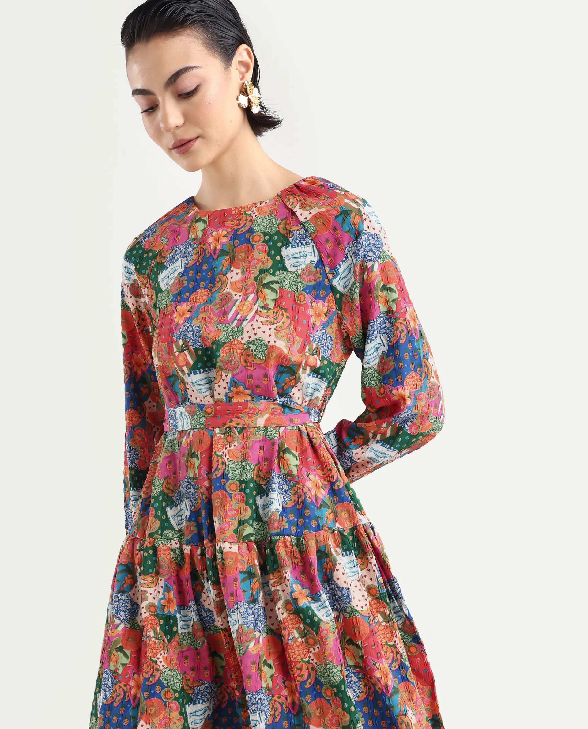 Rareism Women's Lokop Multi Polyester Blend Round Neck Abstract Print Raglan Sleeve Midi Fit And Flare Dress - Image 4