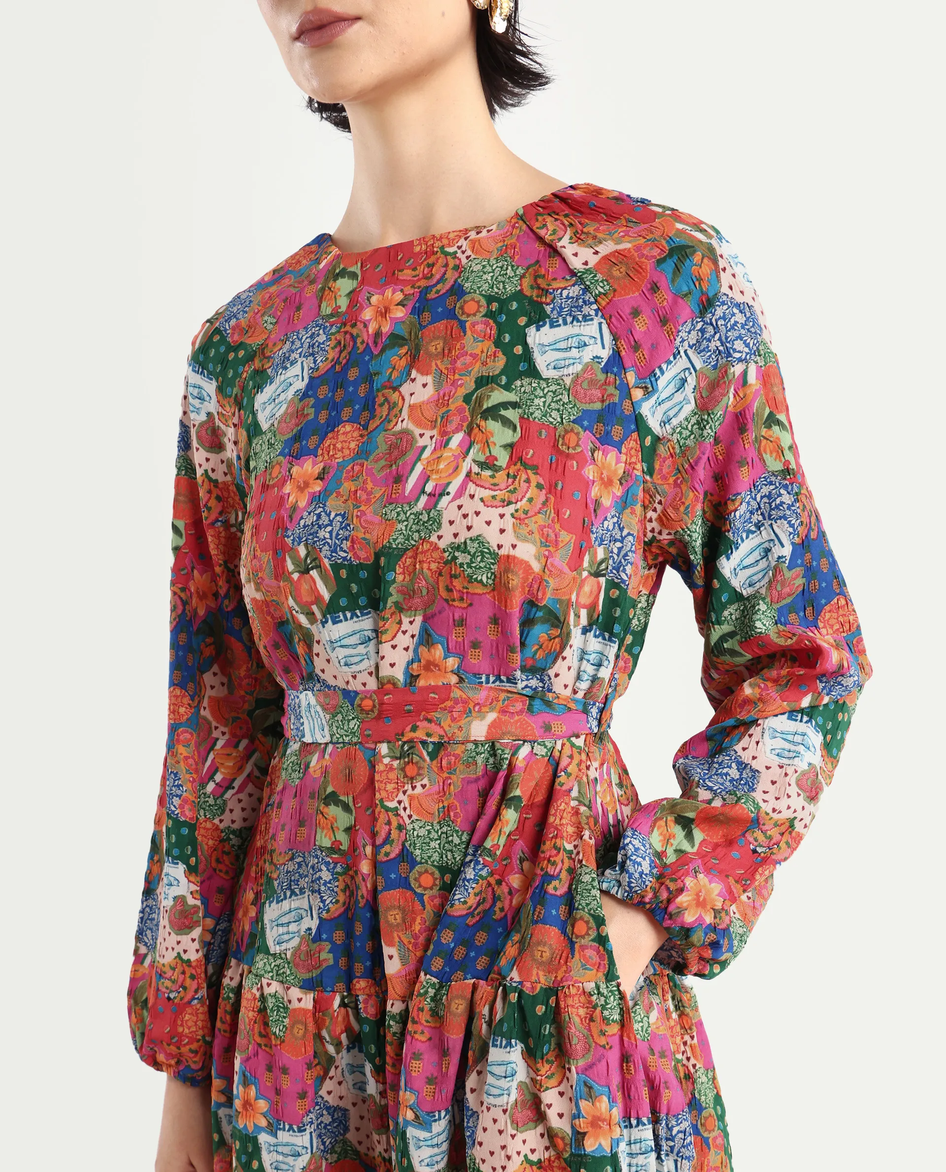 Rareism Women's Lokop Multi Polyester Blend Round Neck Abstract Print Raglan Sleeve Midi Fit And Flare Dress - Image 5