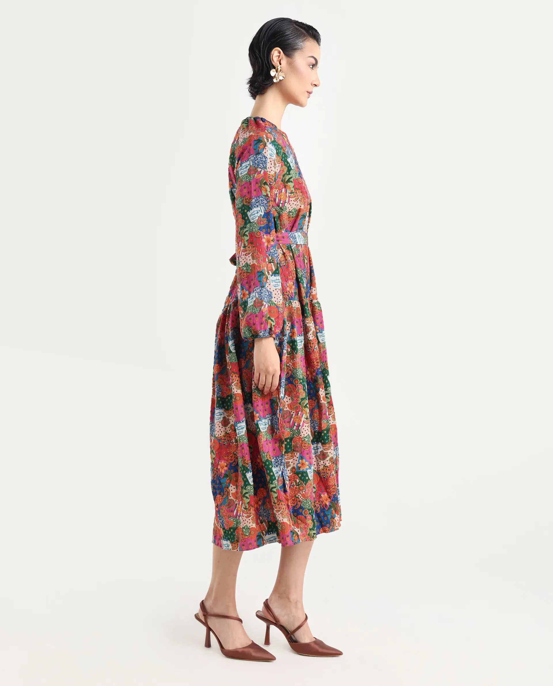 Rareism Women's Lokop Multi Polyester Blend Round Neck Abstract Print Raglan Sleeve Midi Fit And Flare Dress - Image 6