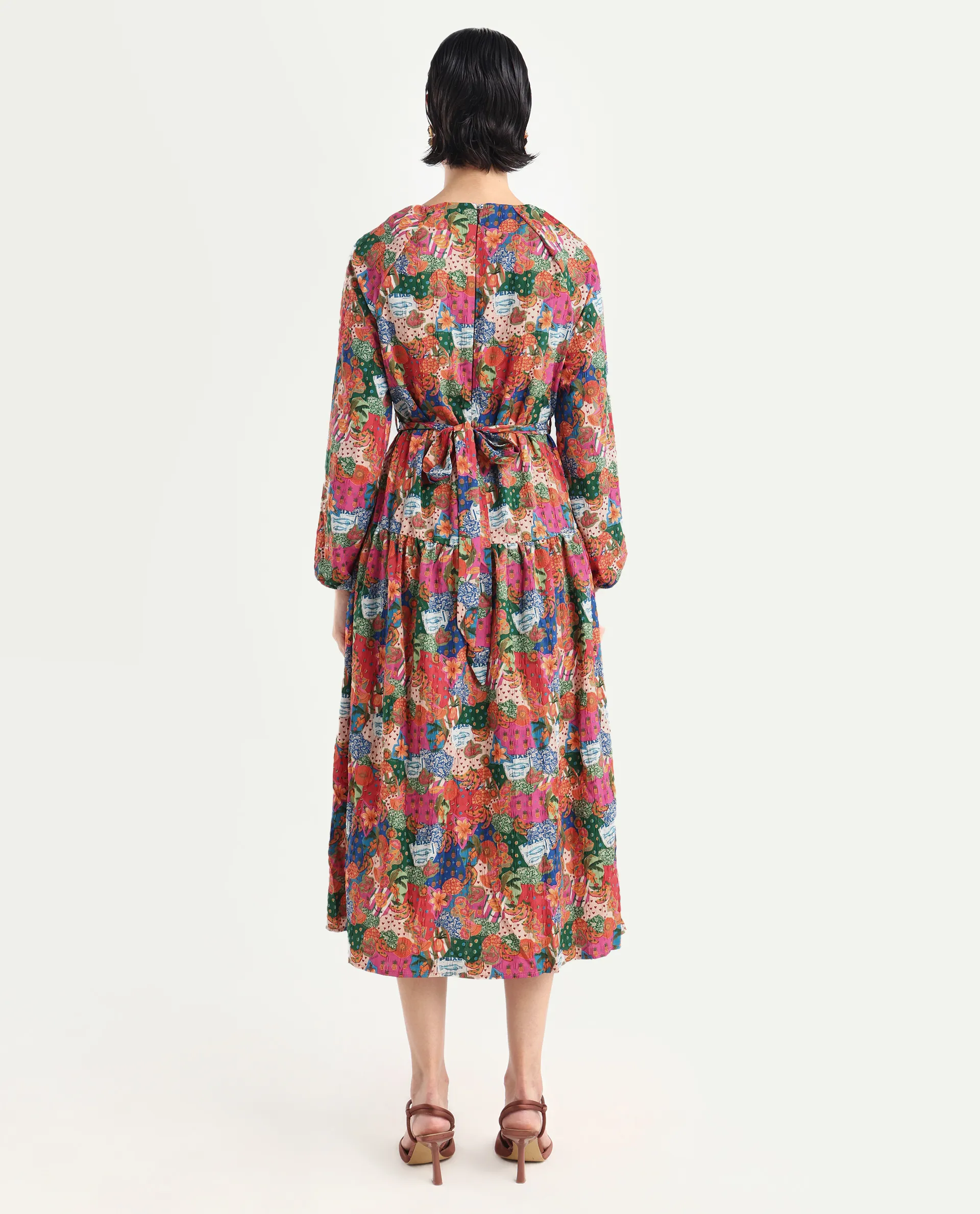 Rareism Women's Lokop Multi Polyester Blend Round Neck Abstract Print Raglan Sleeve Midi Fit And Flare Dress - Image 7