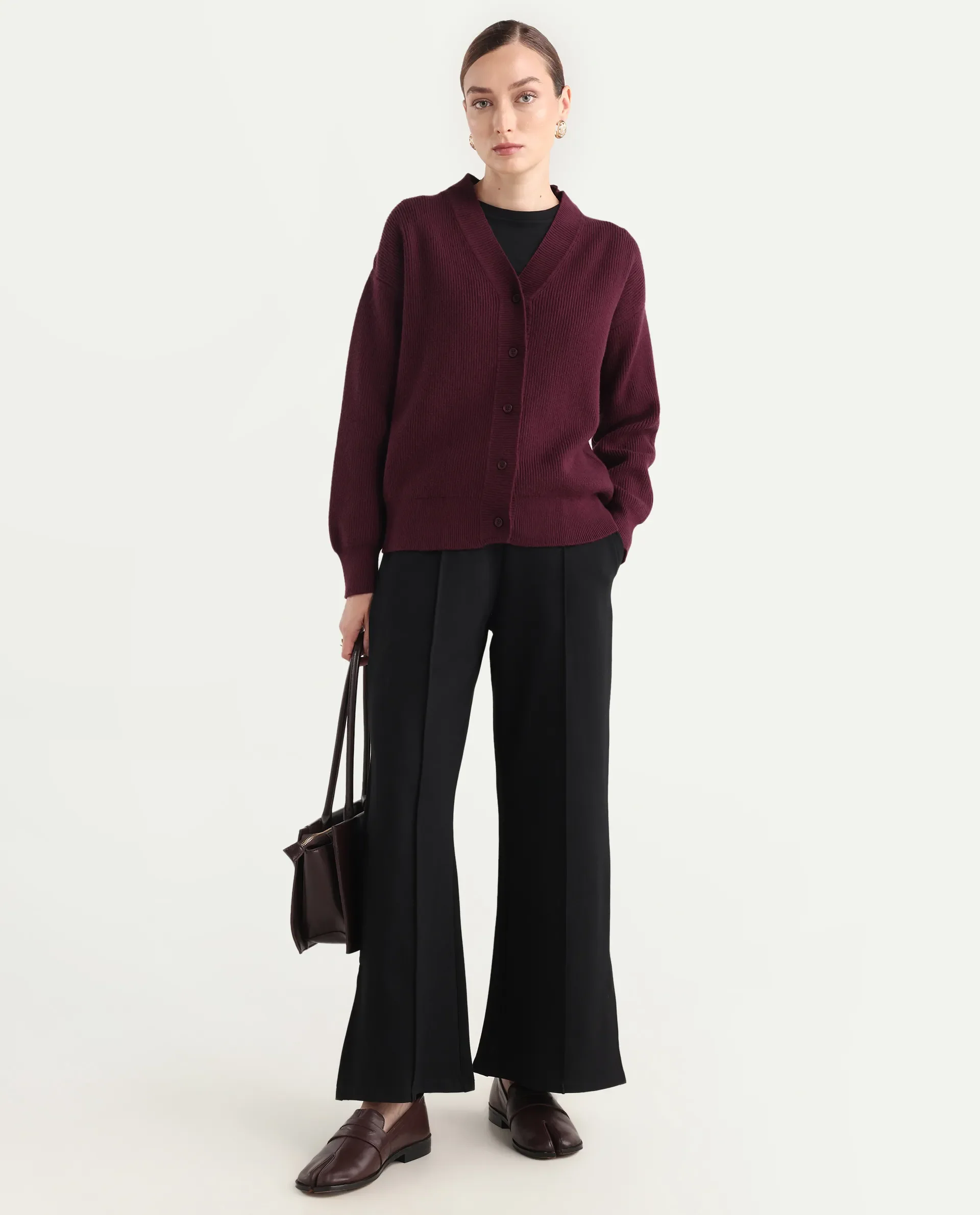 Rareism Women's Lola Dark Maroon Acrylic V-Neck Regular Fit Plain Cardigan - Image 2