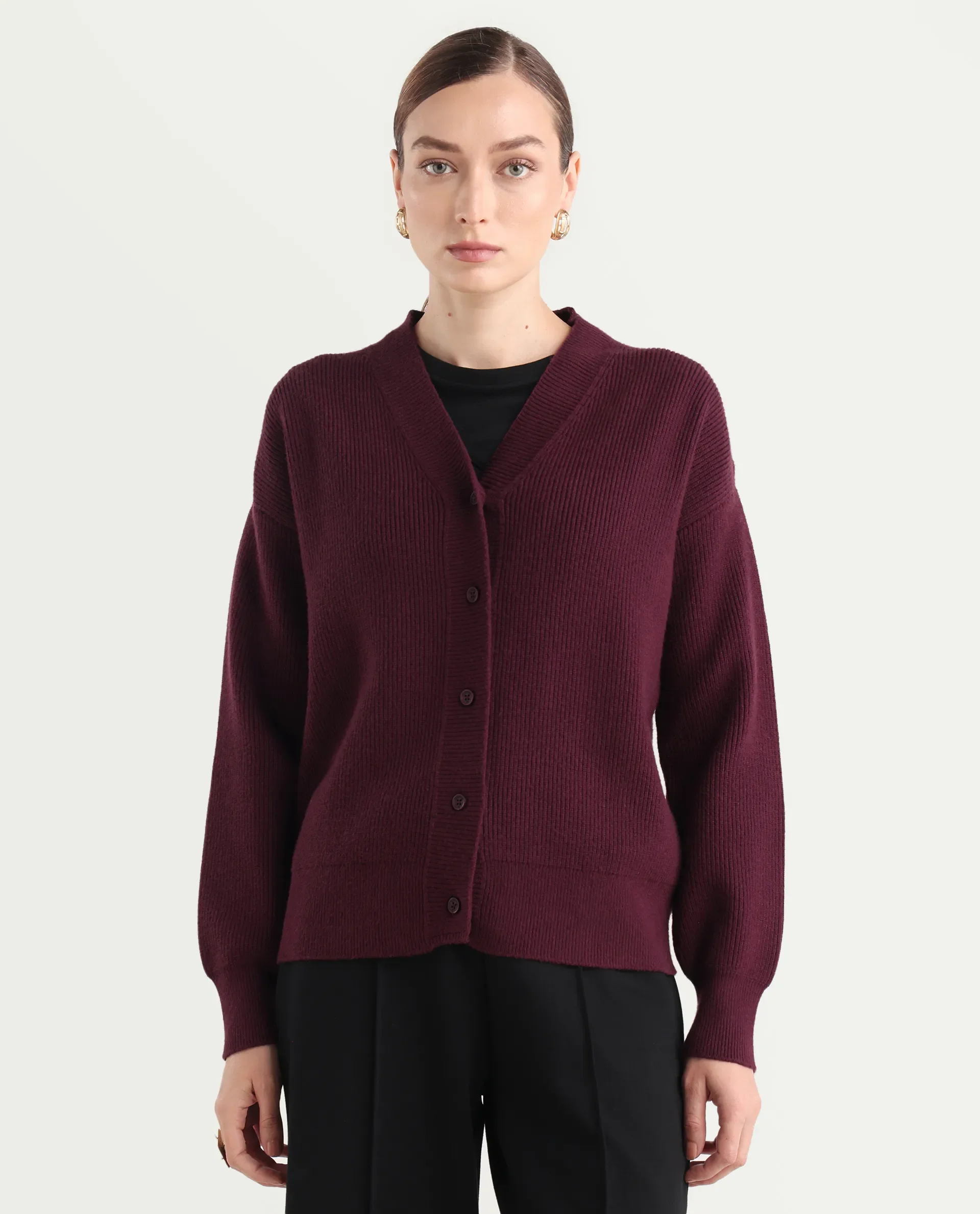 Rareism Women's Lola Dark Maroon Acrylic V-Neck Regular Fit Plain Cardigan - Image 3