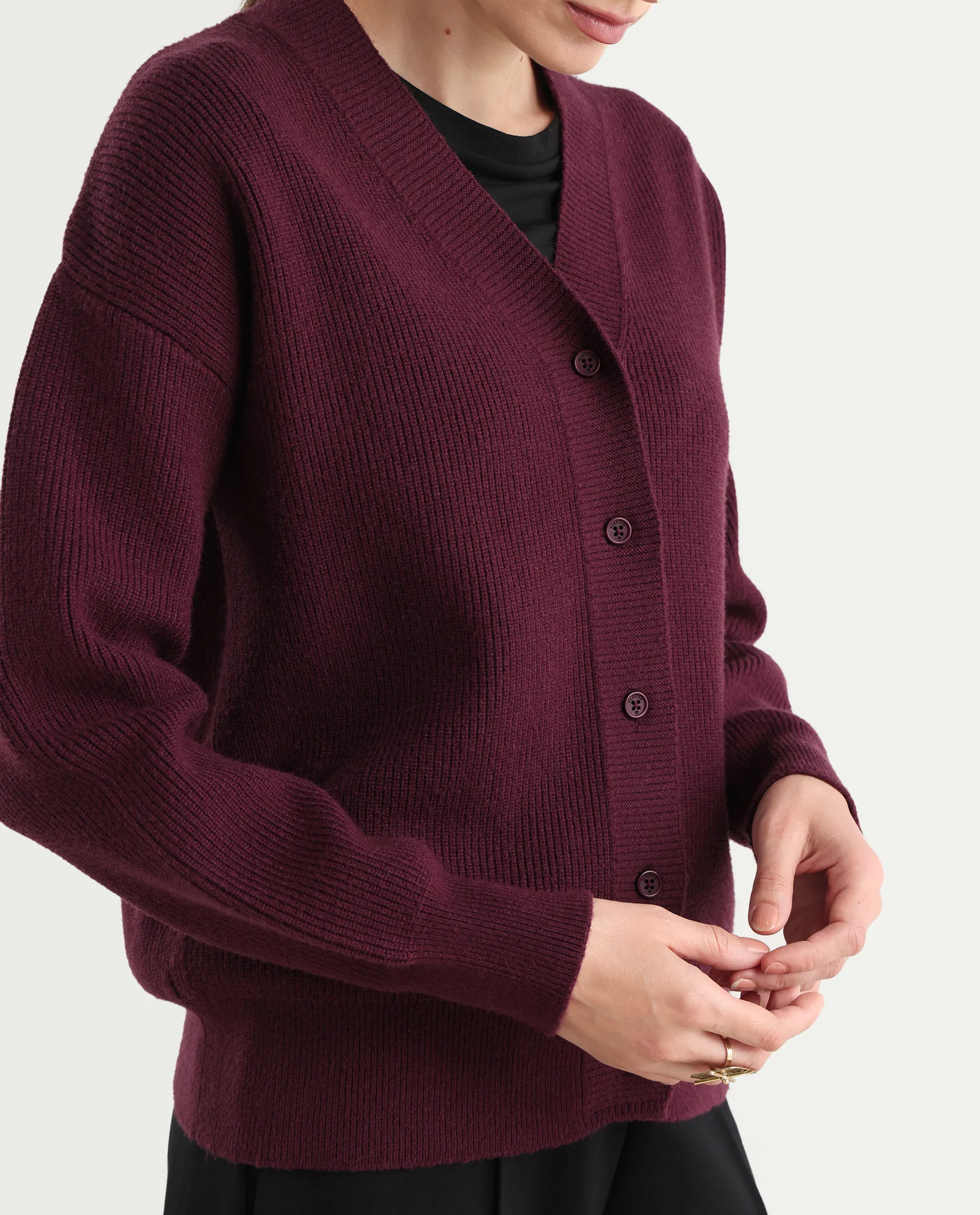 Rareism Women's Lola Dark Maroon Acrylic V-Neck Regular Fit Plain Cardigan - Image 4