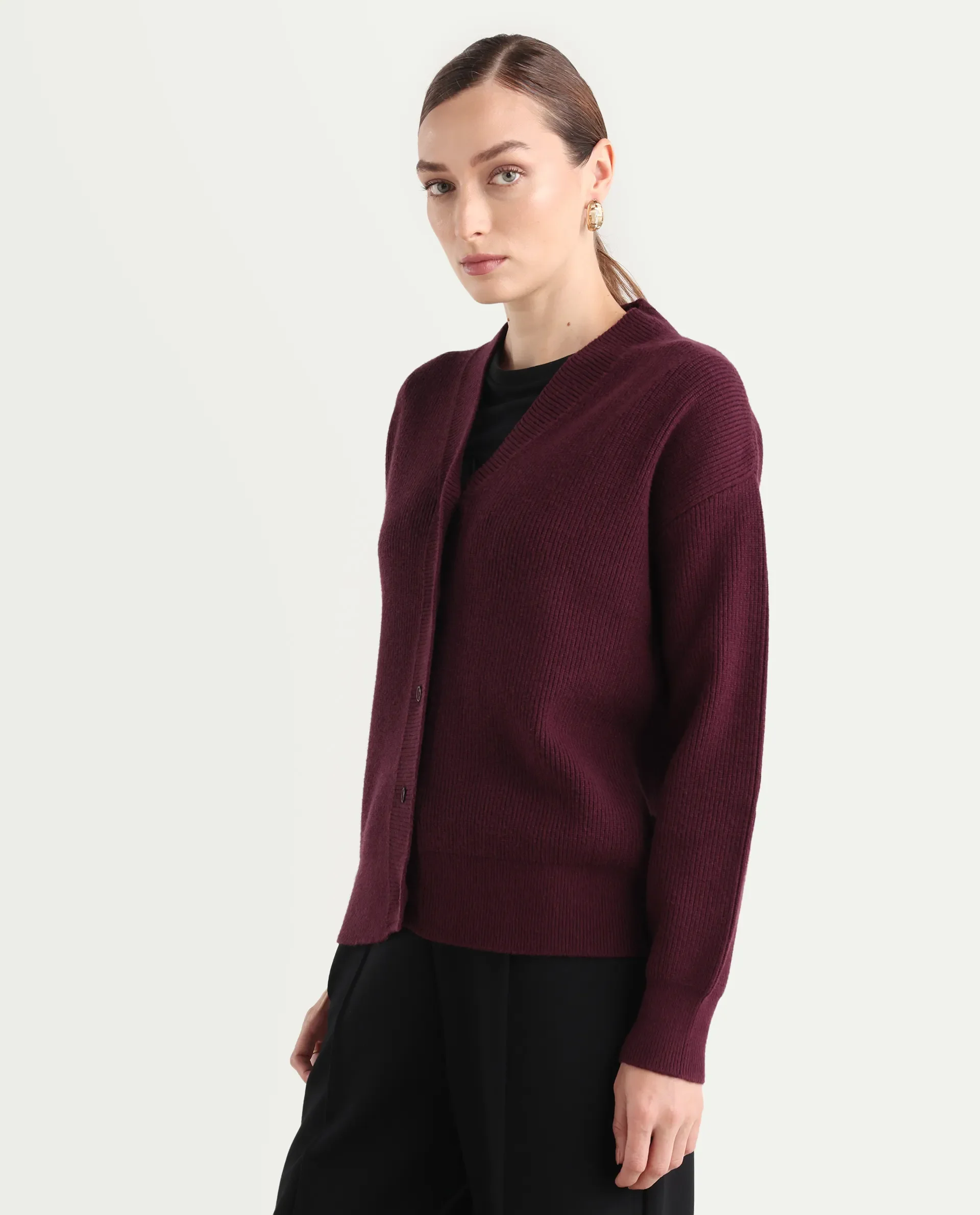 Rareism Women's Lola Dark Maroon Acrylic V-Neck Regular Fit Plain Cardigan - Image 5