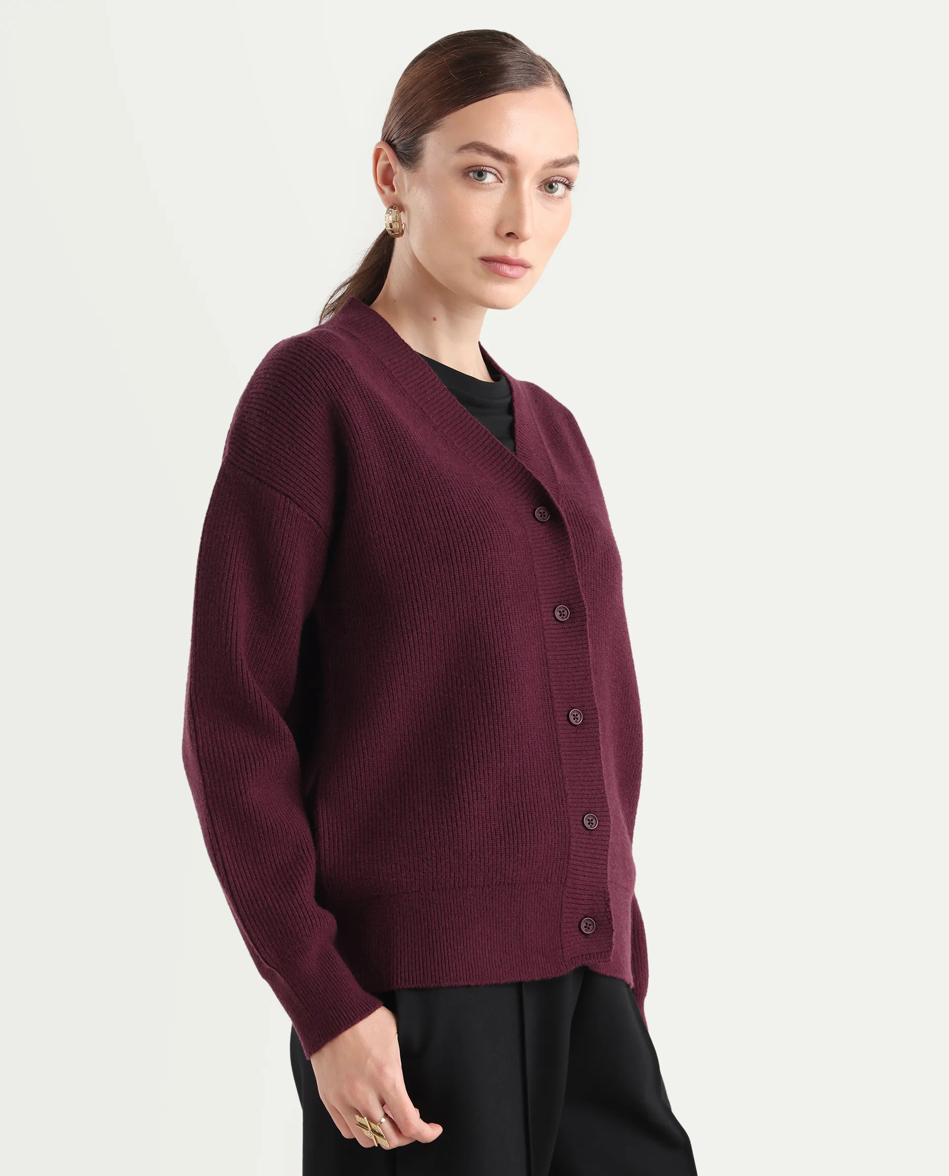 Rareism Women's Lola Dark Maroon Acrylic V-Neck Regular Fit Plain Cardigan - Image 6