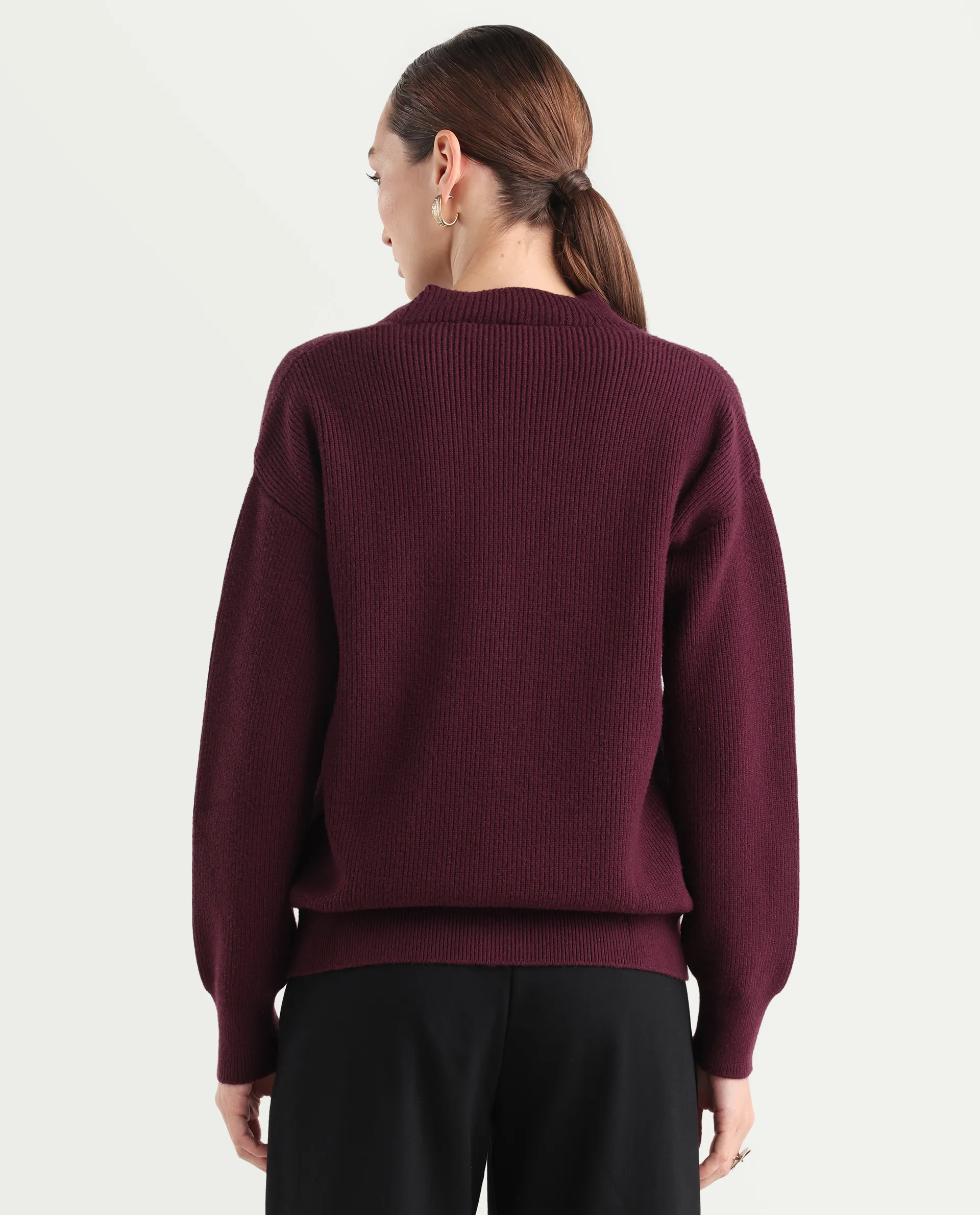 Rareism Women's Lola Dark Maroon Acrylic V-Neck Regular Fit Plain Cardigan - Image 7