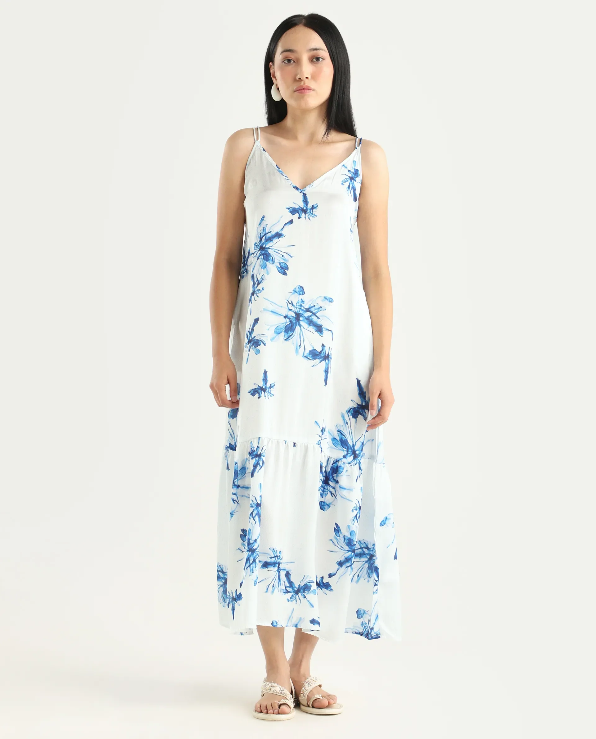 Rareism Women's Lola White Polyester Shoulder Strap Abstract Print Shoulder Strap Midi Regular Fit Dress - Image 2