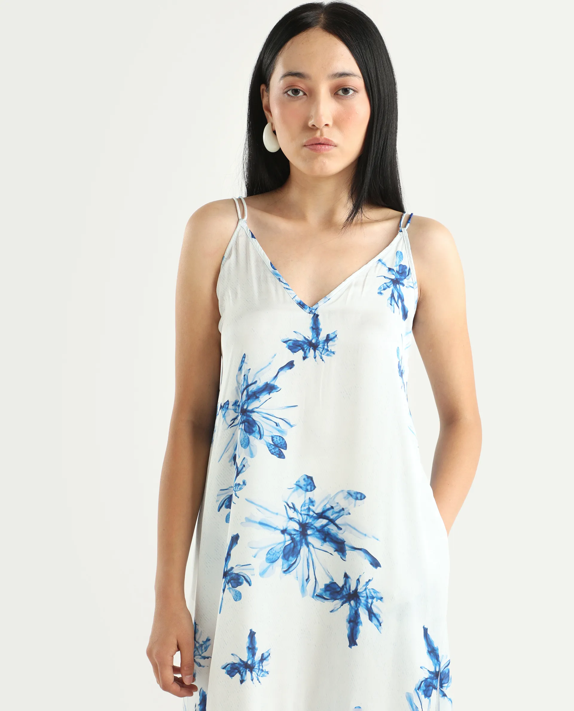 Rareism Women's Lola White Polyester Shoulder Strap Abstract Print Shoulder Strap Midi Regular Fit Dress - Image 3