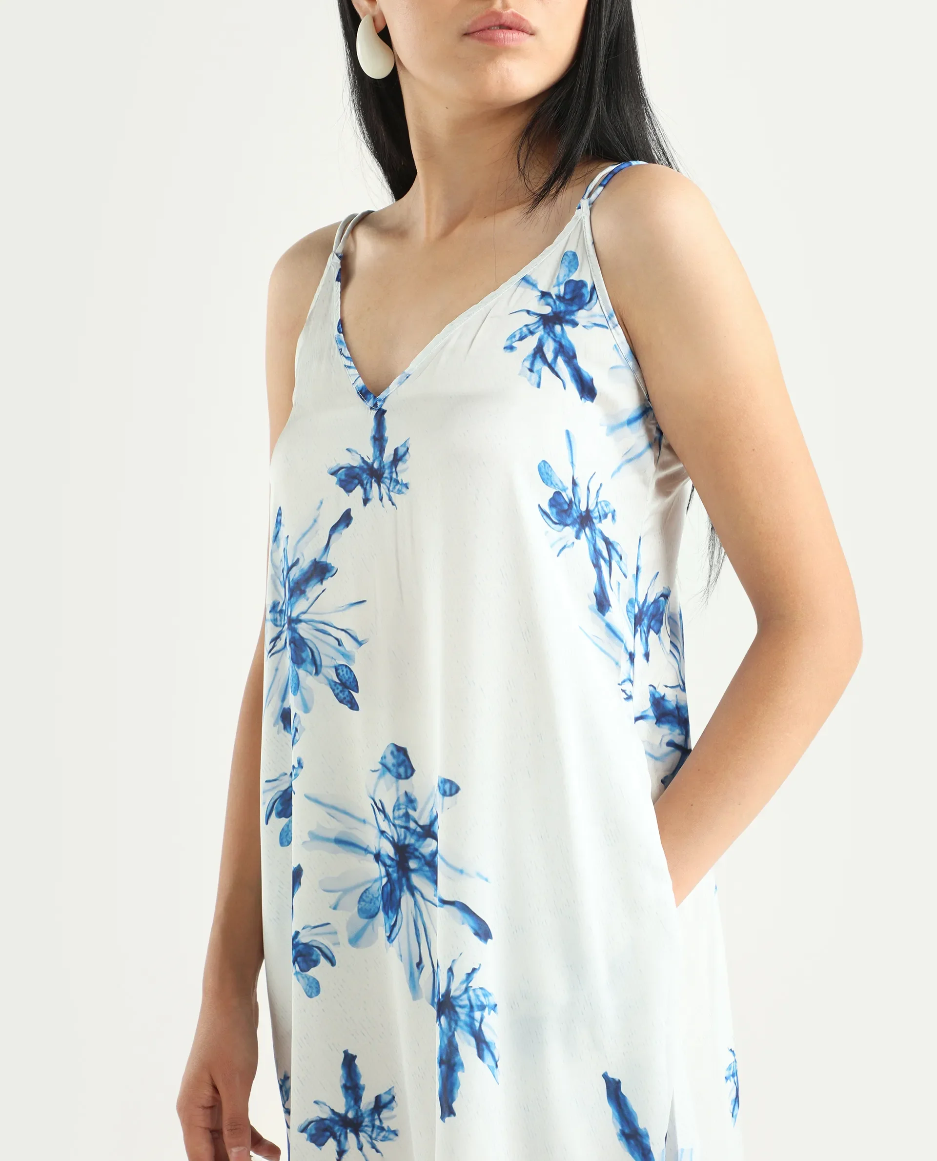 Rareism Women's Lola White Polyester Shoulder Strap Abstract Print Shoulder Strap Midi Regular Fit Dress - Image 4