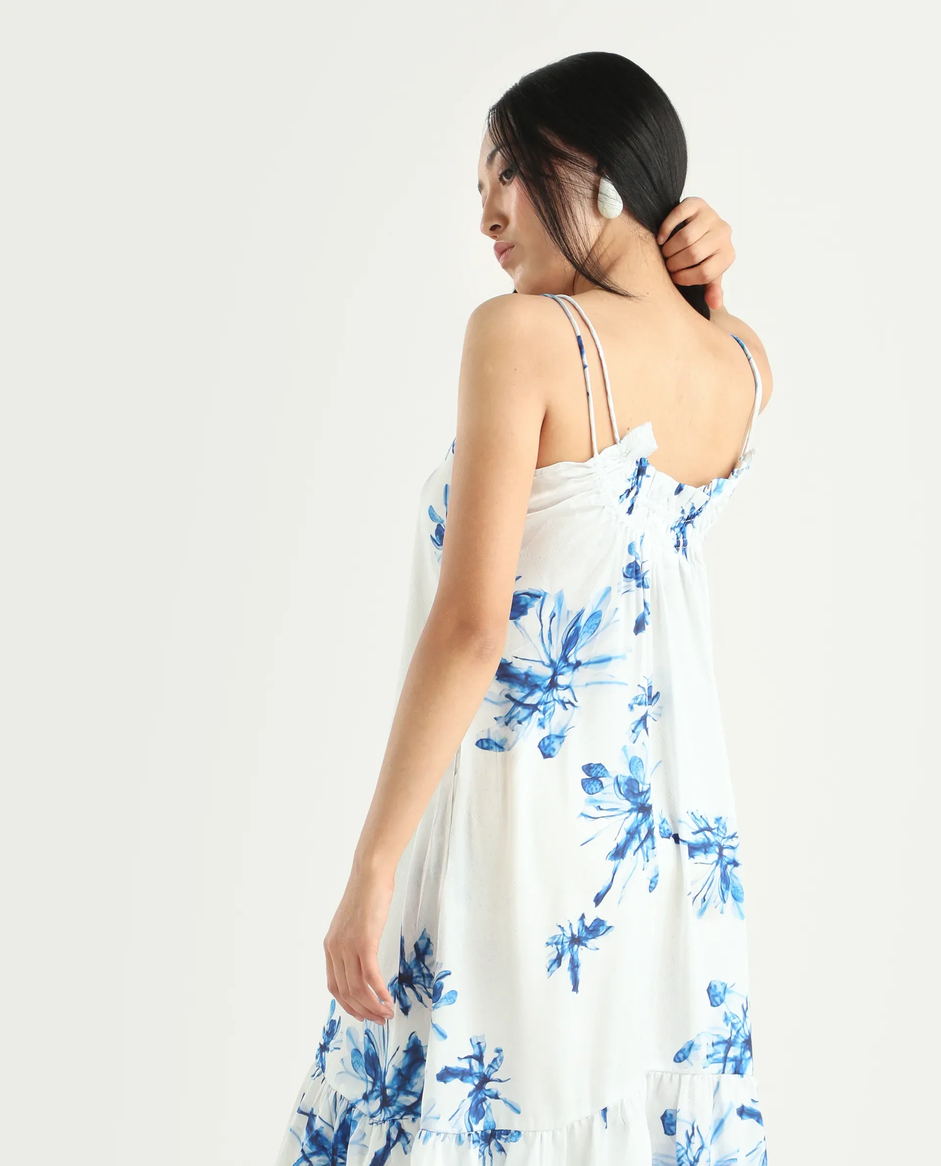 Rareism Women's Lola White Polyester Shoulder Strap Abstract Print Shoulder Strap Midi Regular Fit Dress - Image 5