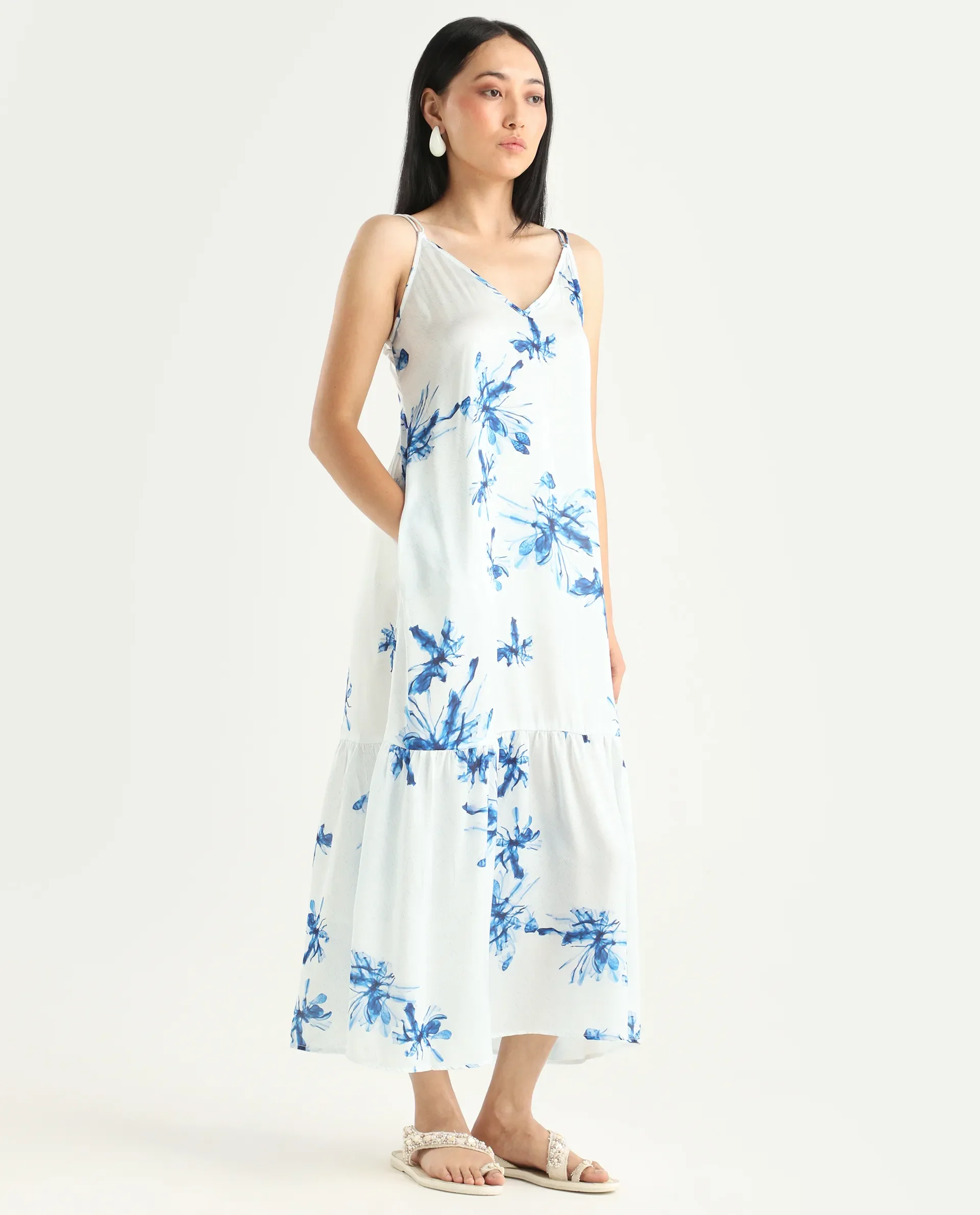 Rareism Women's Lola White Polyester Shoulder Strap Abstract Print Shoulder Strap Midi Regular Fit Dress - Image 6