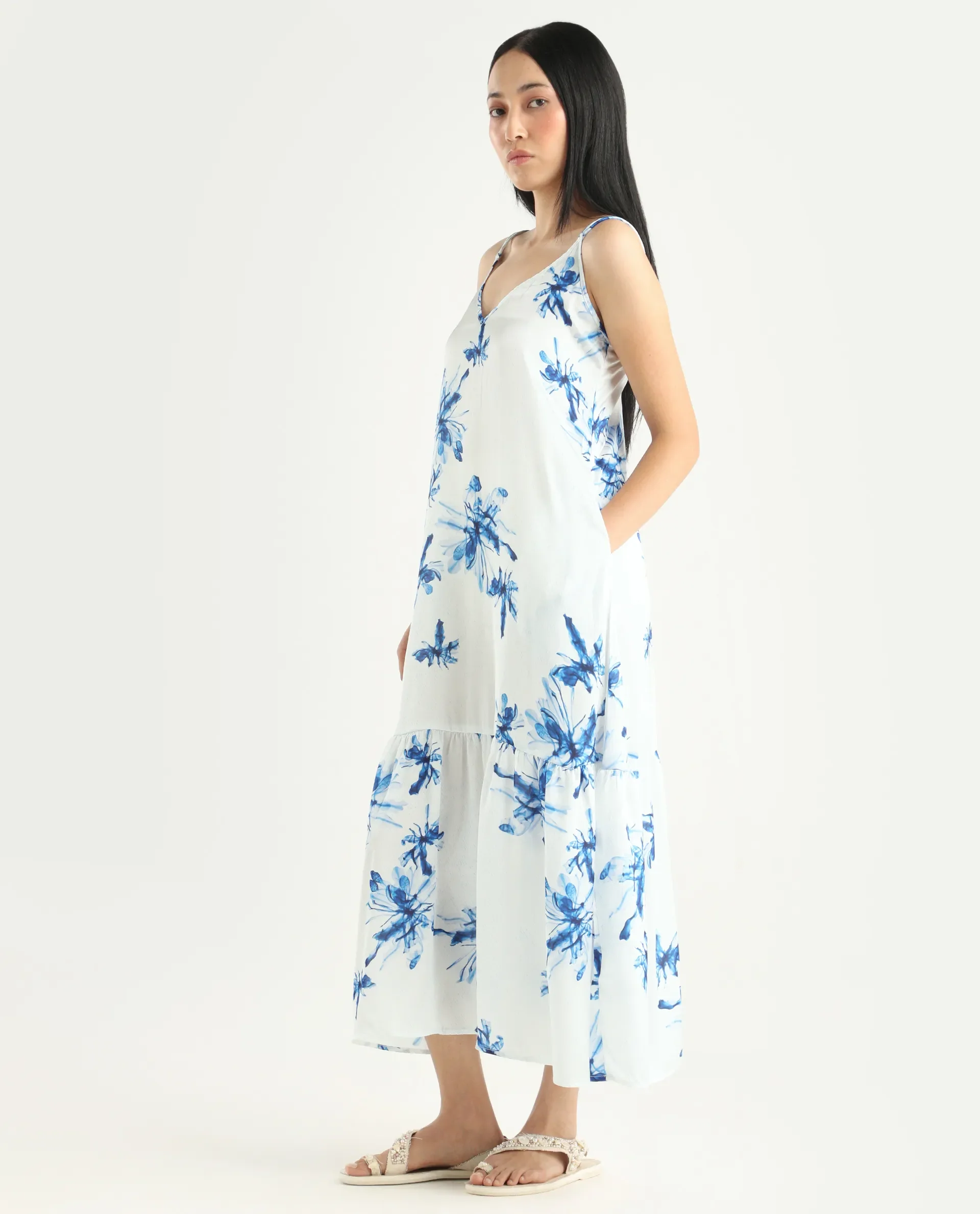 Rareism Women's Lola White Polyester Shoulder Strap Abstract Print Shoulder Strap Midi Regular Fit Dress - Image 7