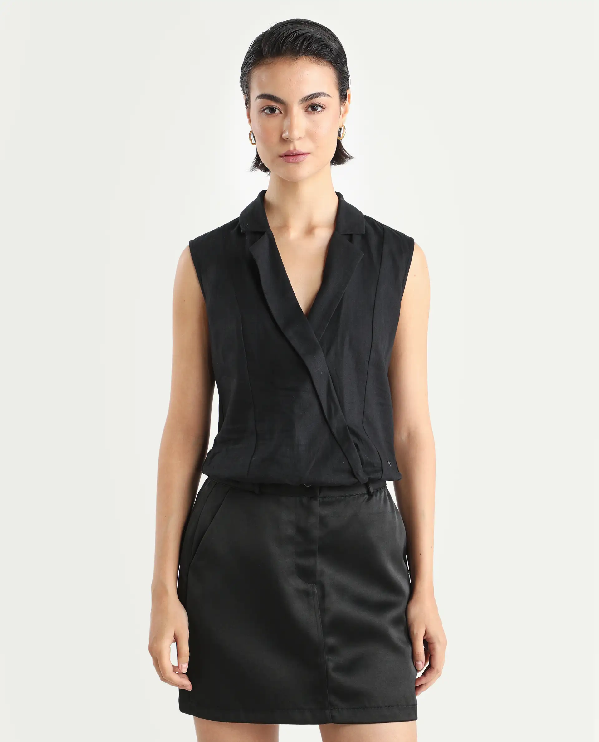 Rareism Women's Lolia Black Cotton Blend Lapel Neck Plain Sleeveless Regular Fit Top - Image 3