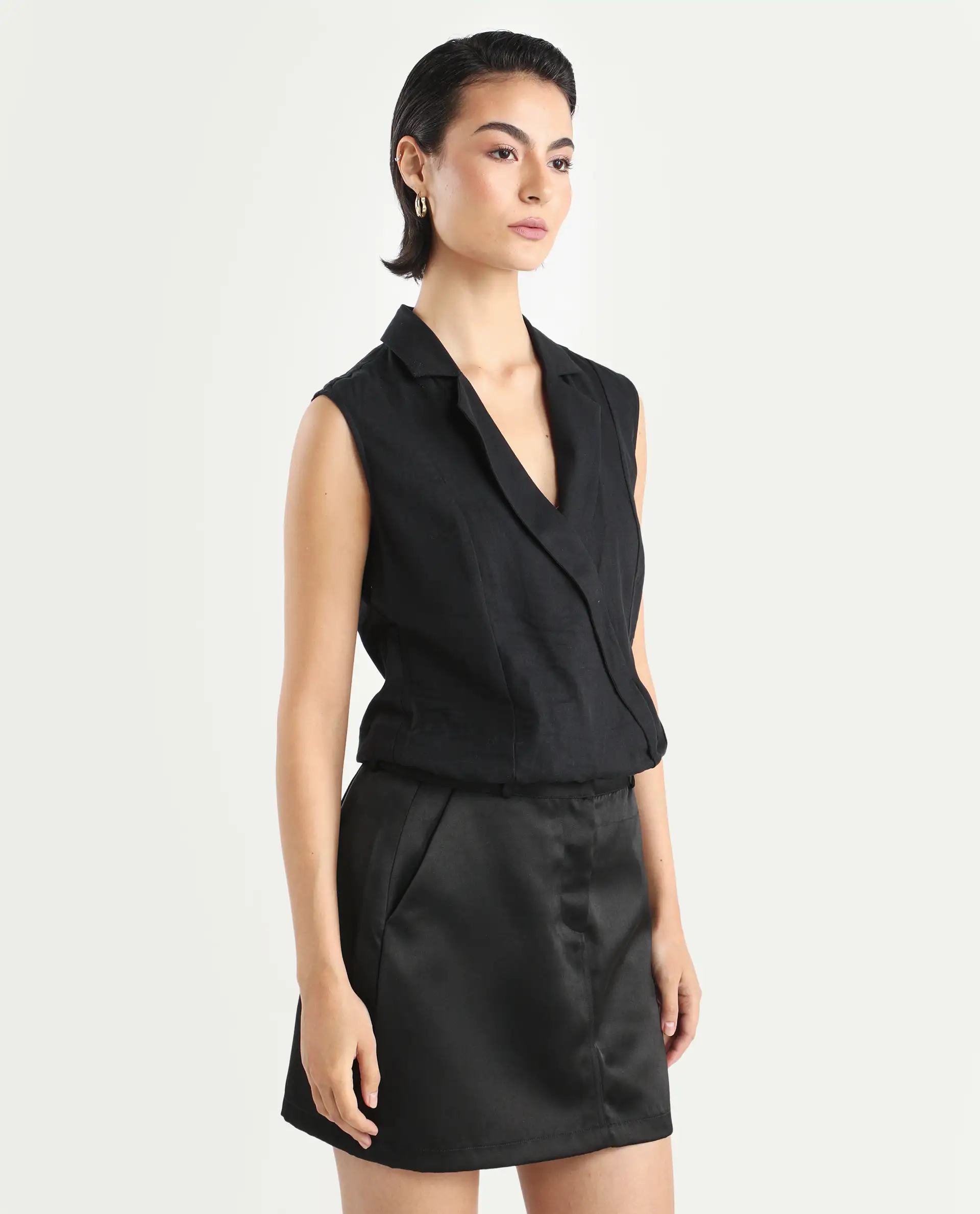 Rareism Women's Lolia Black Cotton Blend Lapel Neck Plain Sleeveless Regular Fit Top - Image 6