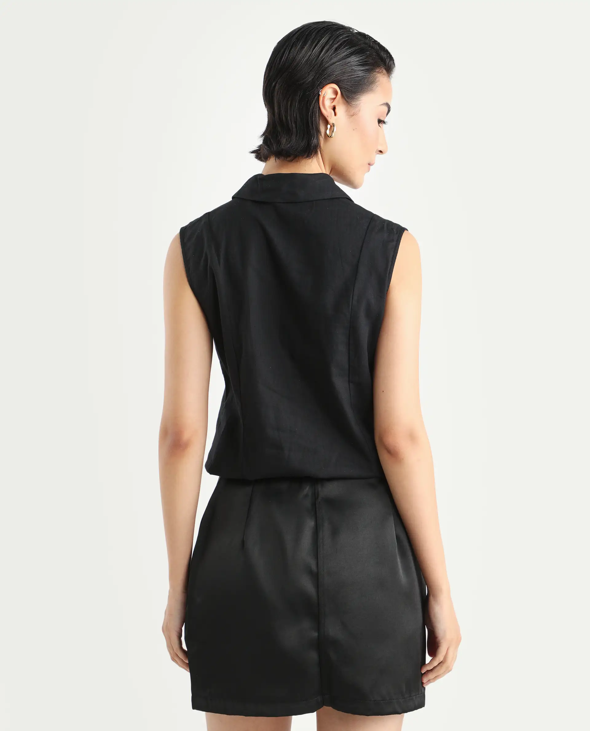 Rareism Women's Lolia Black Cotton Blend Lapel Neck Plain Sleeveless Regular Fit Top - Image 7