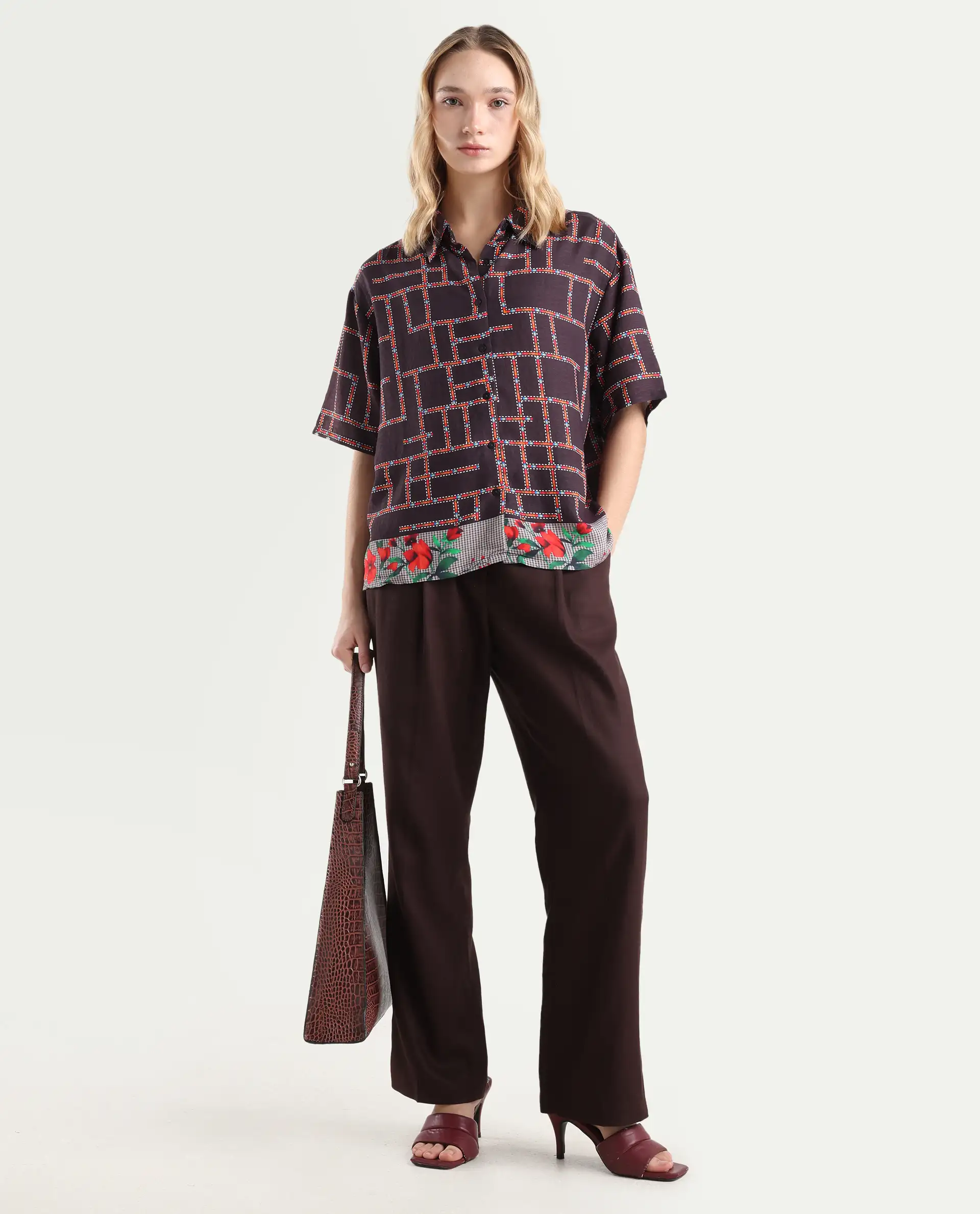 Rareism Women's Lombard Brown Viscose Blend Spread Collar Geometric Print Boxy Fit Shirt - Image 2